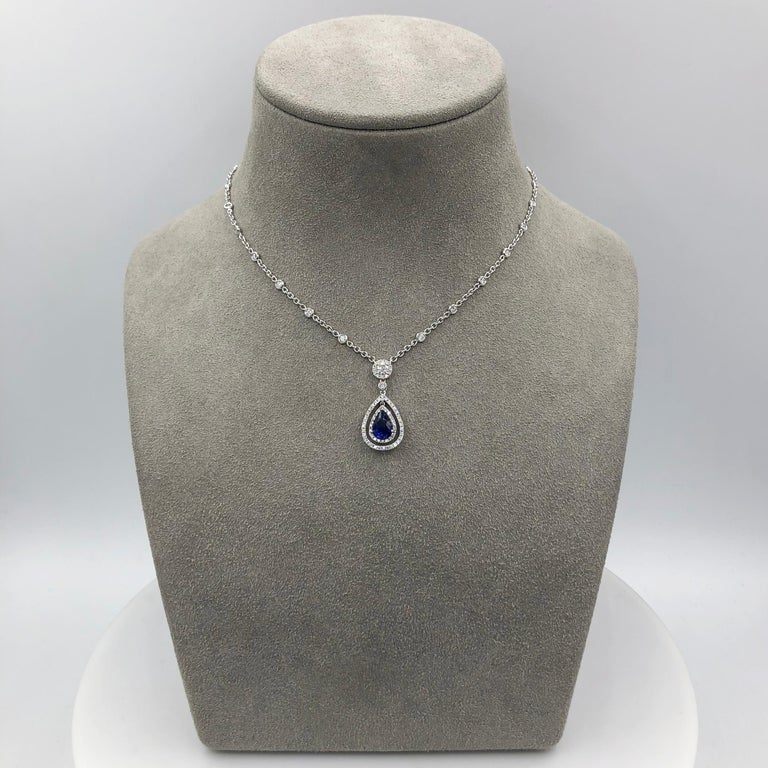Pear Cut Roman Malakov 1.78 Carat Pear Shape Blue Sapphire and Diamond Pendant Necklace For Sale