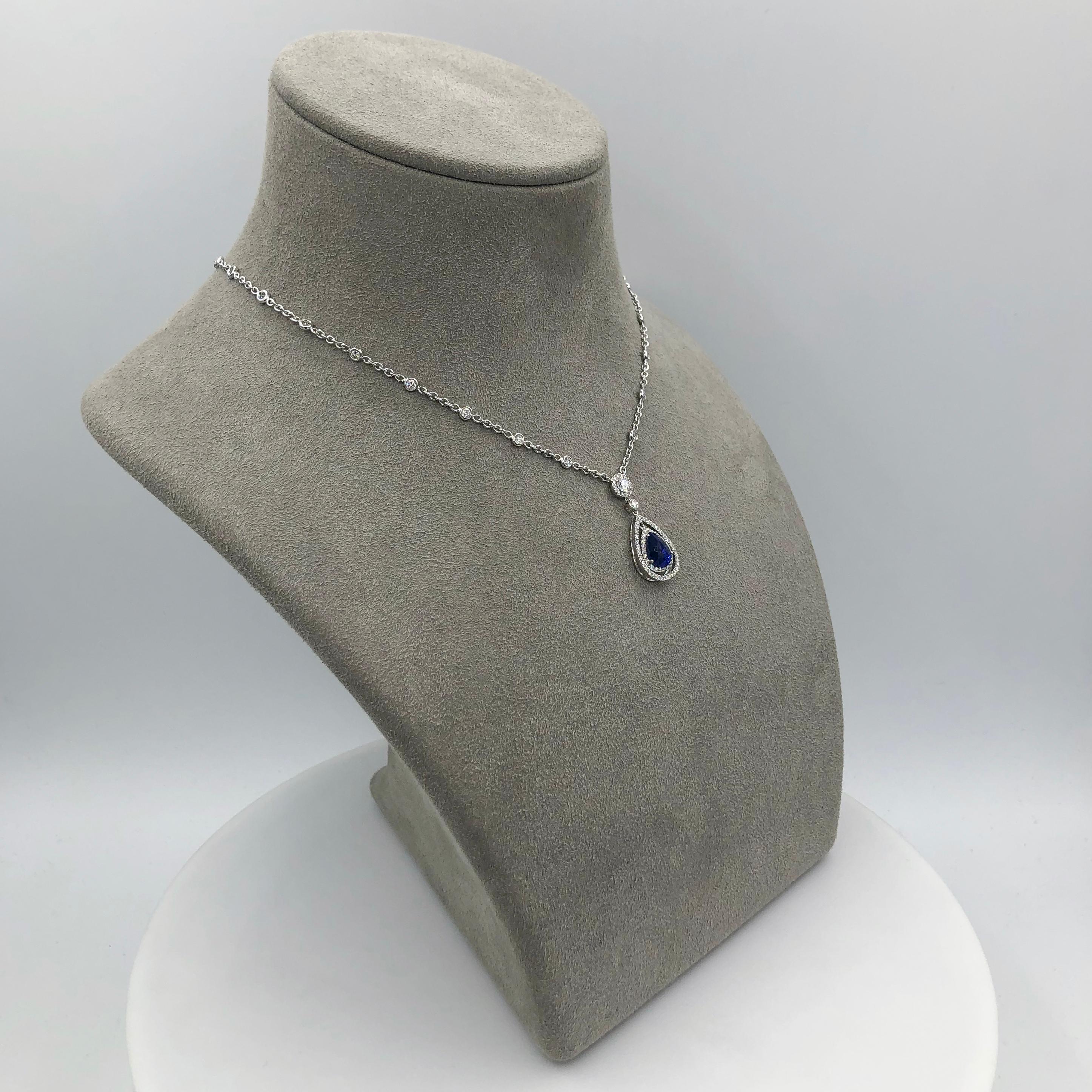 Women's Roman Malakov 1.78 Carat Pear Shape Blue Sapphire and Diamond Pendant Necklace For Sale