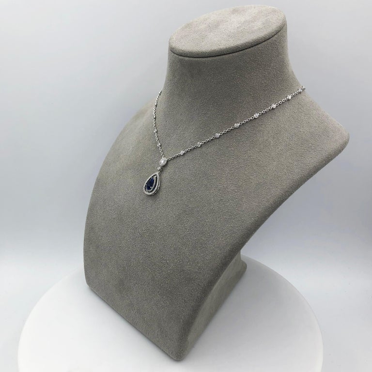 Women's Roman Malakov 1.78 Carat Pear Shape Blue Sapphire and Diamond Pendant Necklace For Sale