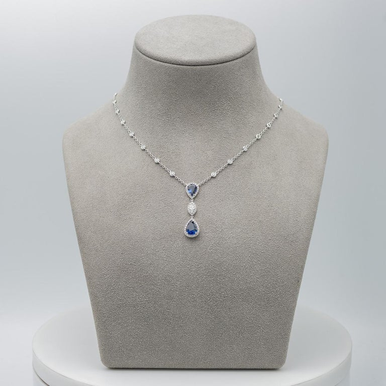 Pear Shape Blue Sapphire and Diamond Halo Drop Pendant Necklace In New Condition For Sale In New York, NY