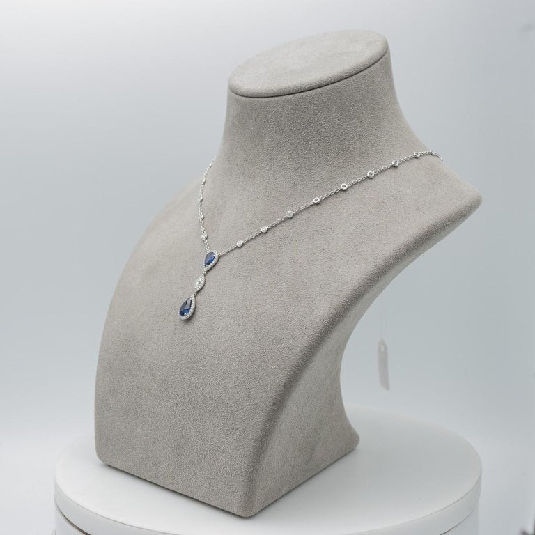 Pear Shape Blue Sapphire and Diamond Halo Drop Pendant Necklace For Sale 1