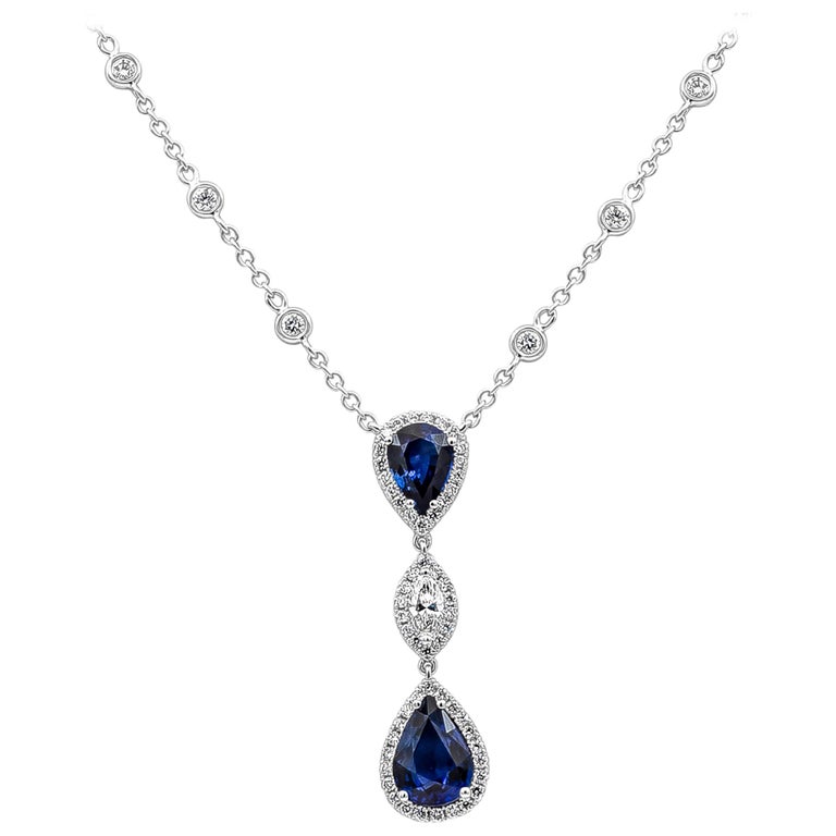 Pear Shape Blue Sapphire and Diamond Halo Drop Pendant Necklace For ...