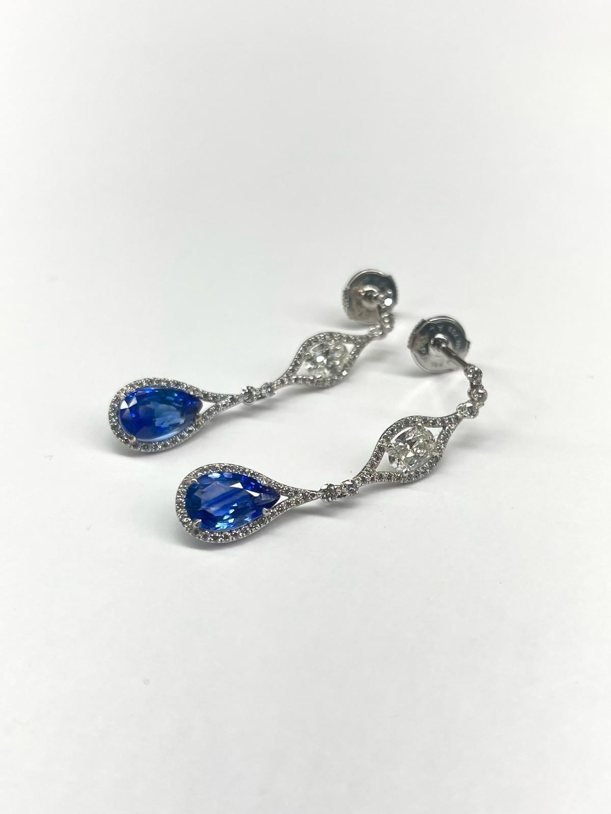 Pear Cut Pear Shape Blue Sapphire Dangle Earrings  For Sale