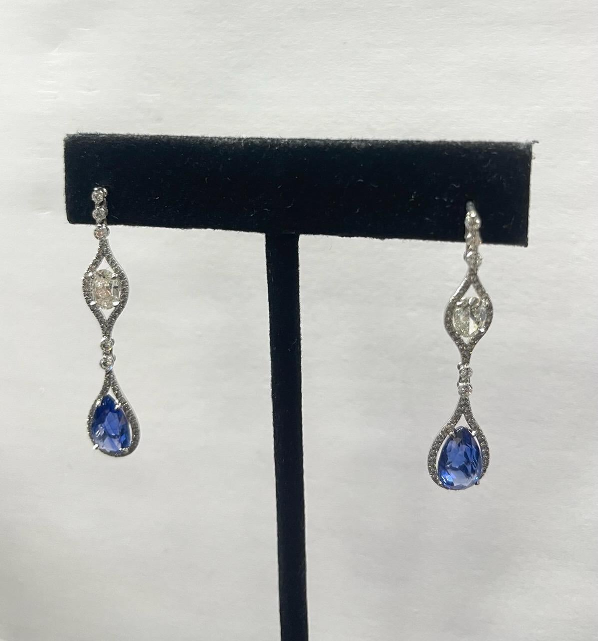 Pear Shape Blue Sapphire Dangle Earrings  In New Condition For Sale In Los Angeles, CA
