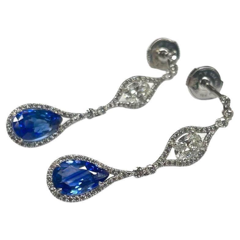 Boucles d'oreilles pendantes en saphir bleu en forme de poire 