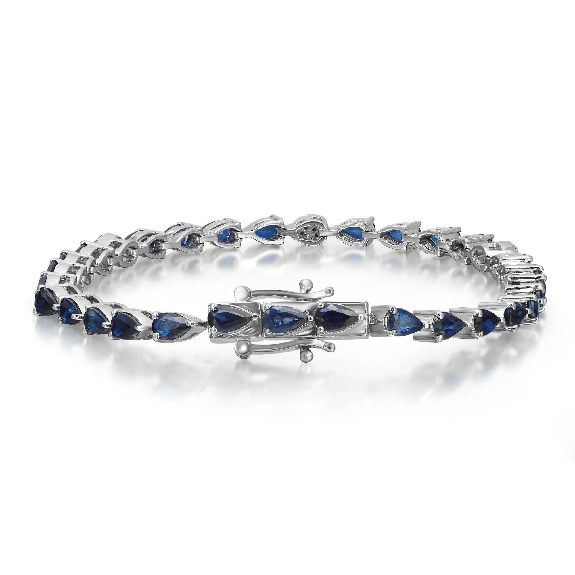 Modern Pear Shape Blue Sapphire & Diamond Tennis Bracelet 14K White Gold 7.5 Inches For Sale