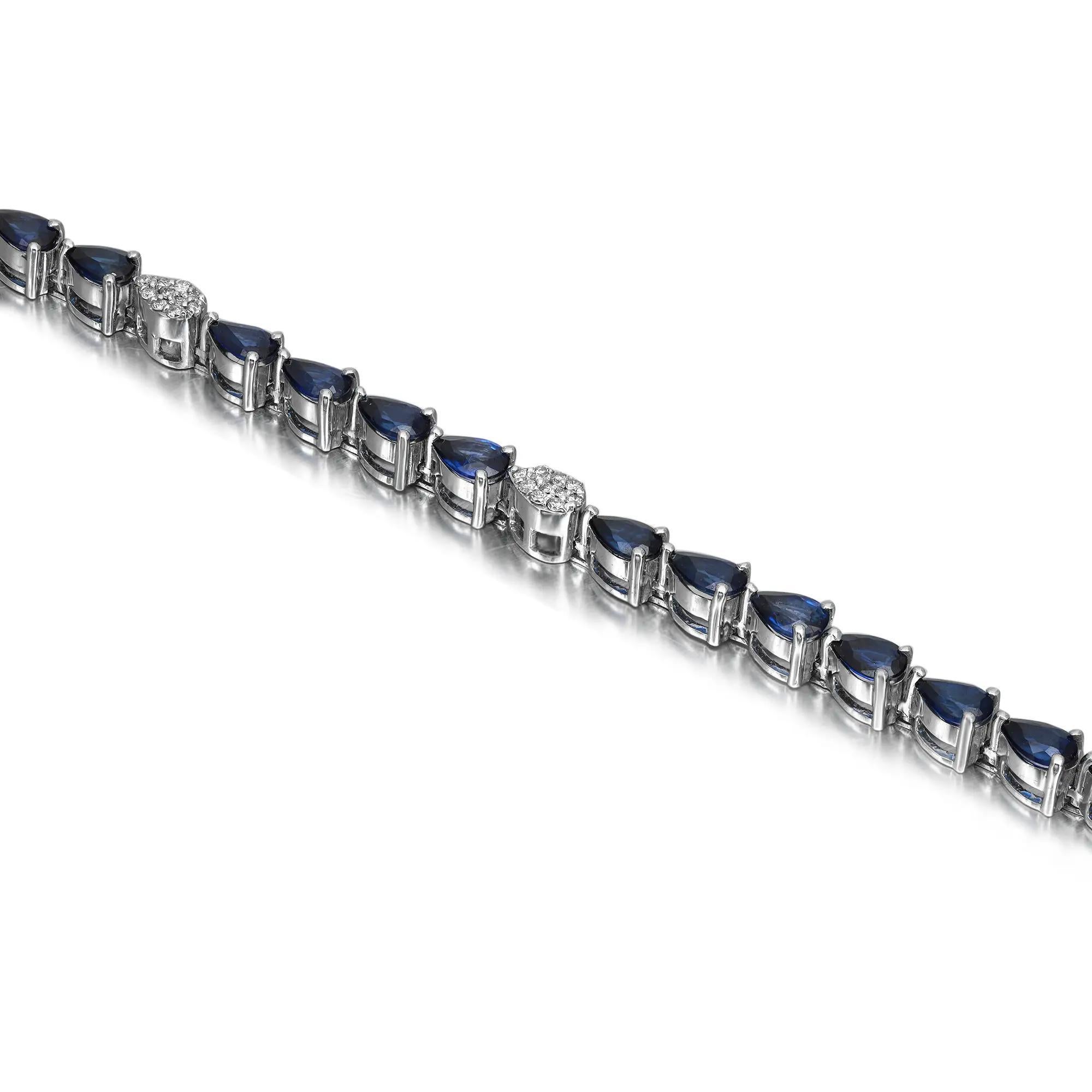 Pear Shape Blue Sapphire & Diamond Tennis Bracelet 14K White Gold 7.5 Inches In New Condition For Sale In New York, NY