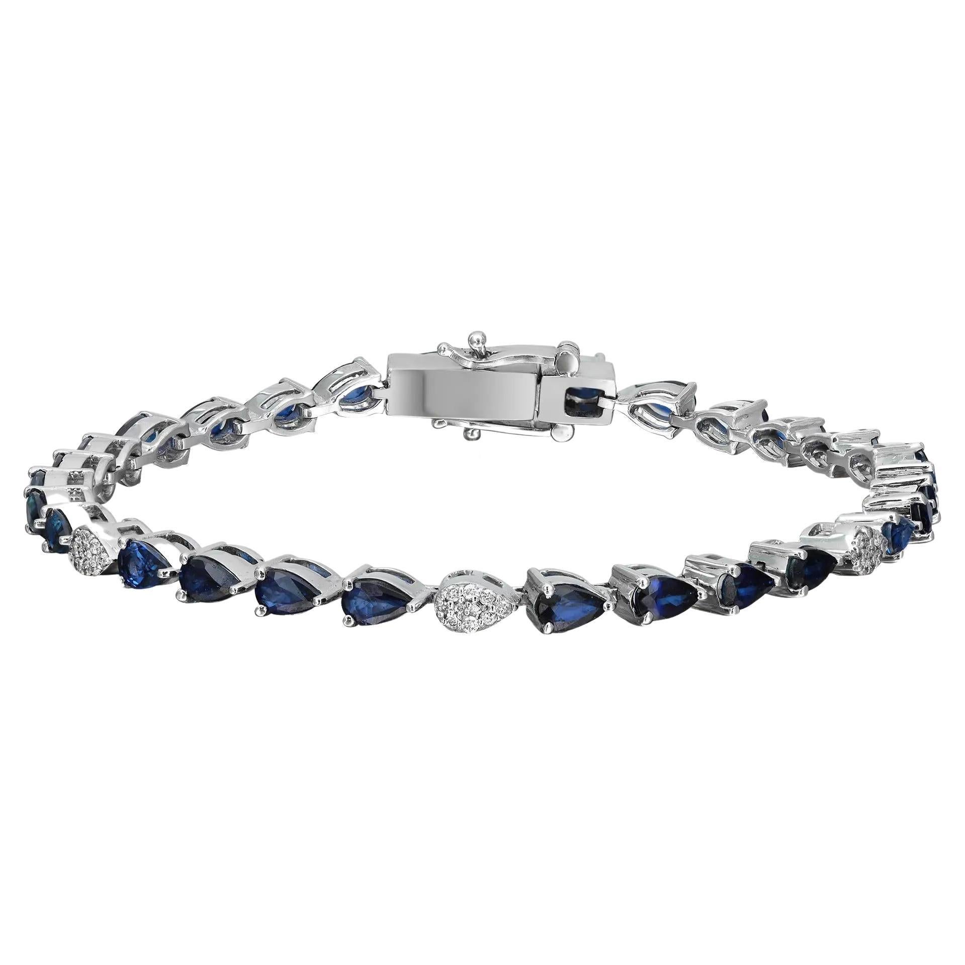 Pear Shape Blue Sapphire & Diamond Tennis Bracelet 14K White Gold 7.5 Inches For Sale