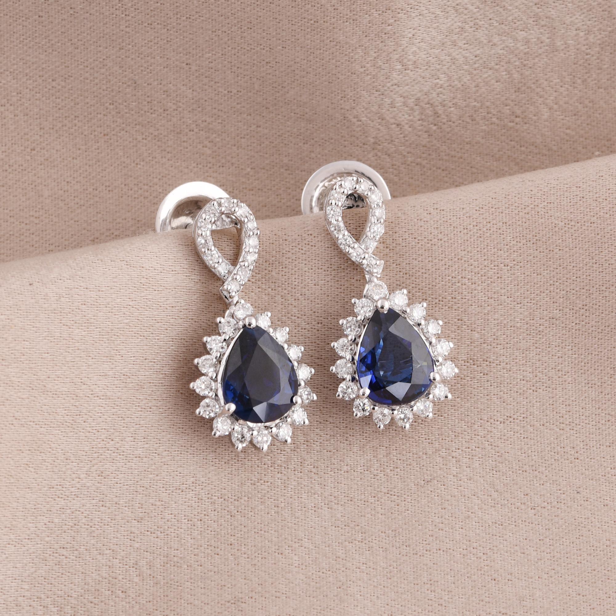 Pear Cut Pear Shape Blue Sapphire Gemstone Dangle Earrings Diamond 18 Karat White Gold For Sale