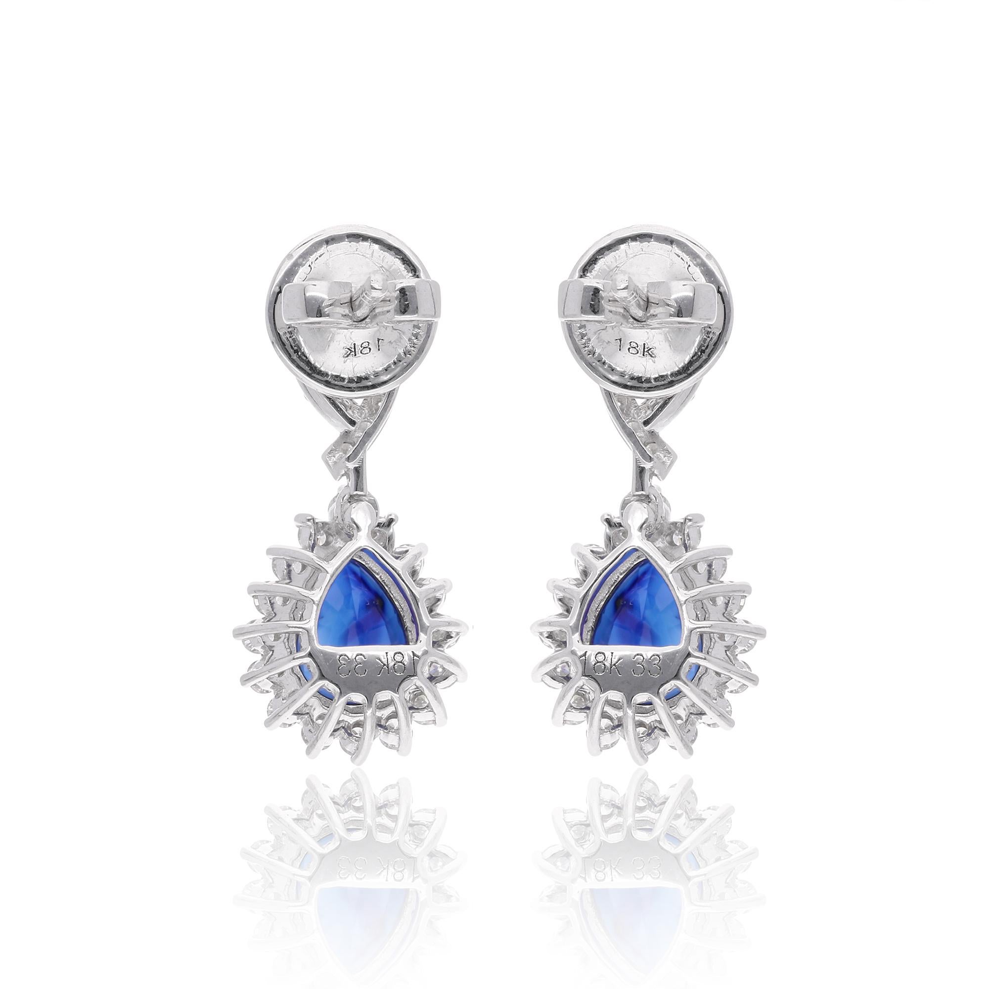 Women's Pear Shape Blue Sapphire Gemstone Dangle Earrings Diamond 18 Karat White Gold For Sale