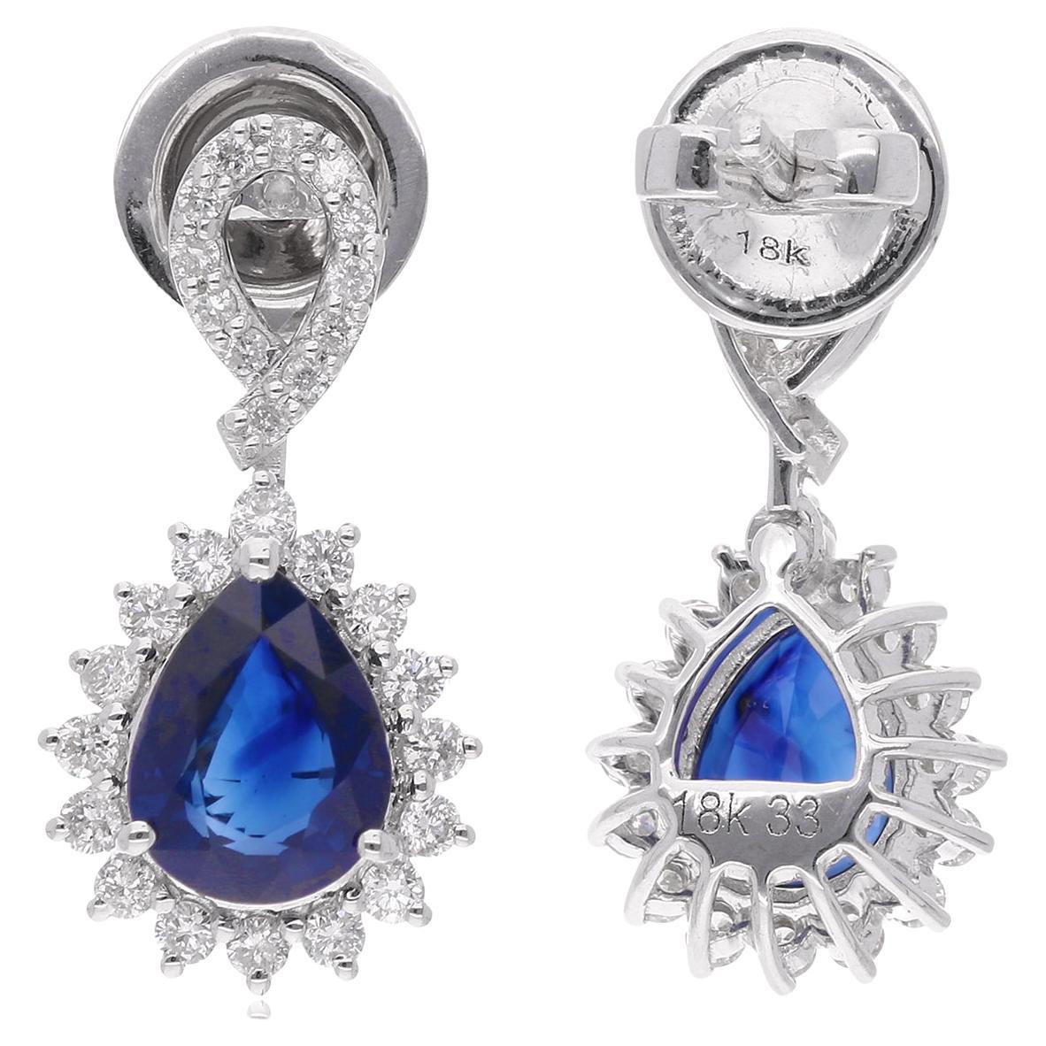 Pear Shape Blue Sapphire Gemstone Dangle Earrings Diamond 18 Karat White Gold