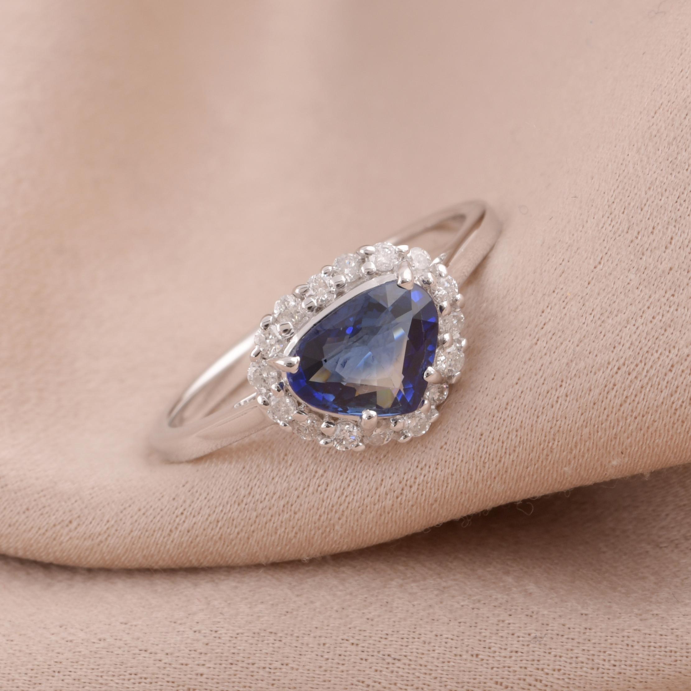 Trillion Cut Trillion Shape Blue Sapphire Gemstone Ring Diamond 14 Karat White Gold Jewelry For Sale