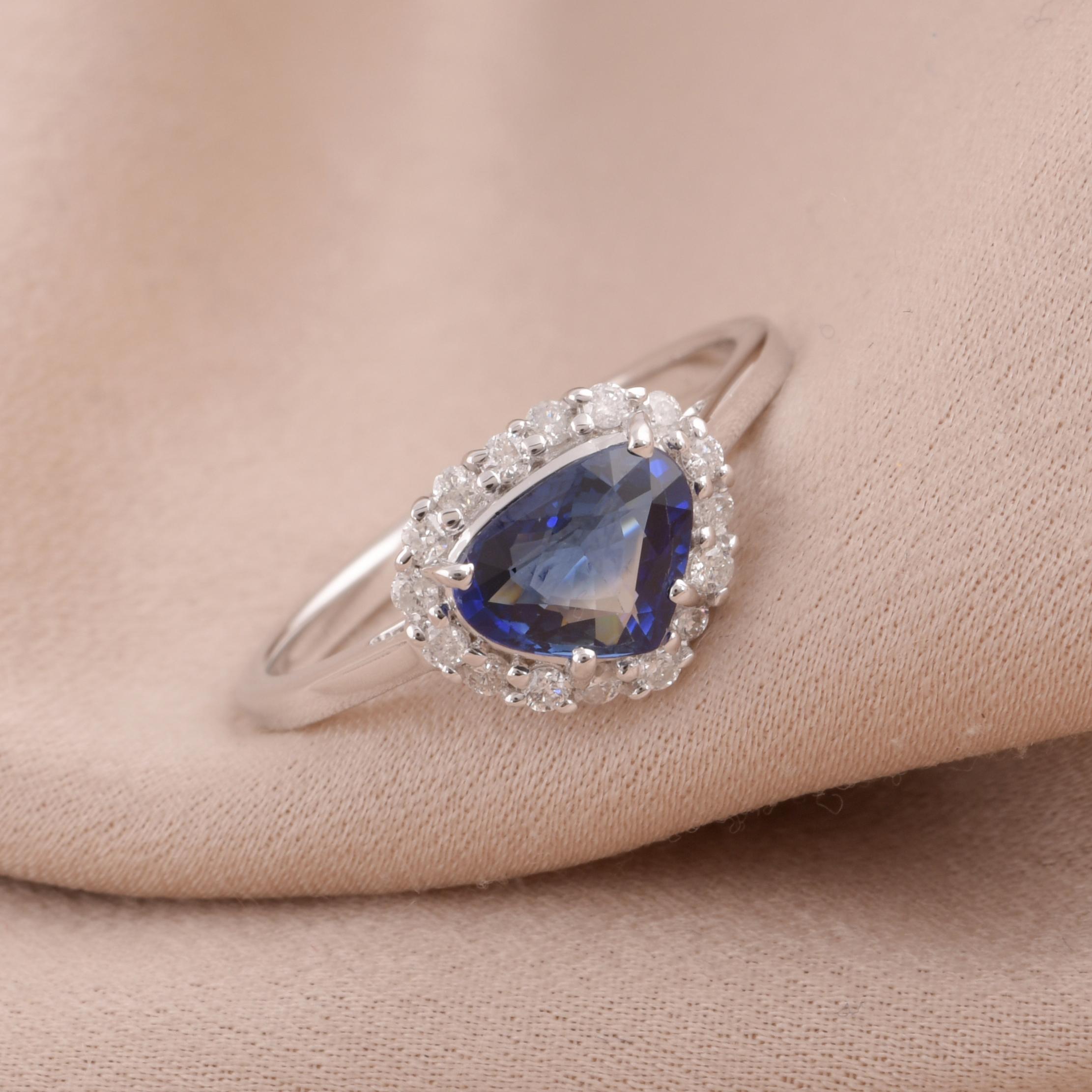 Pear Cut Pear Shape Blue Sapphire Gemstone Ring Diamond 18 Karat White Gold Fine Jewelry For Sale