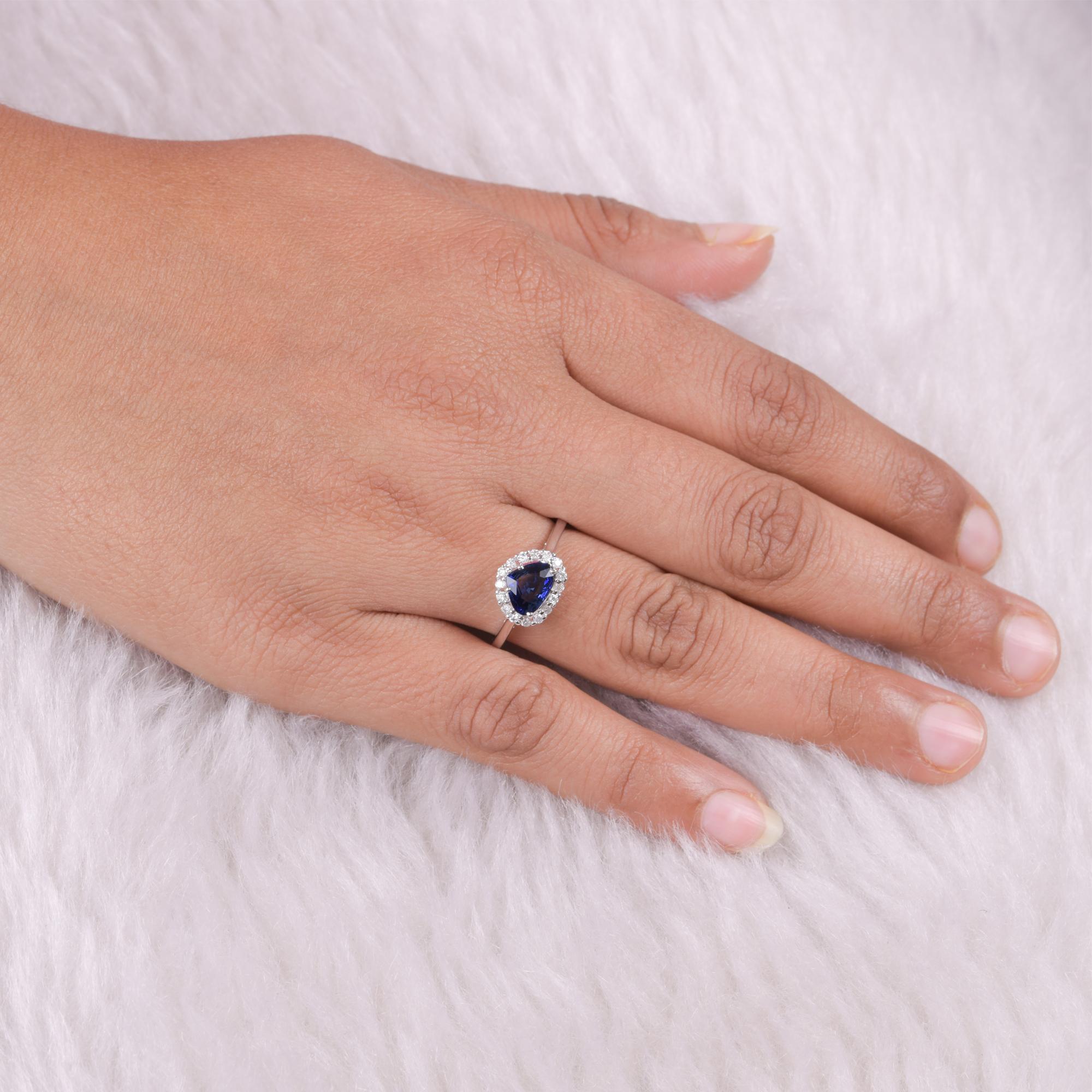 Women's Pear Shape Blue Sapphire Gemstone Ring Diamond 18 Karat White Gold Fine Jewelry For Sale