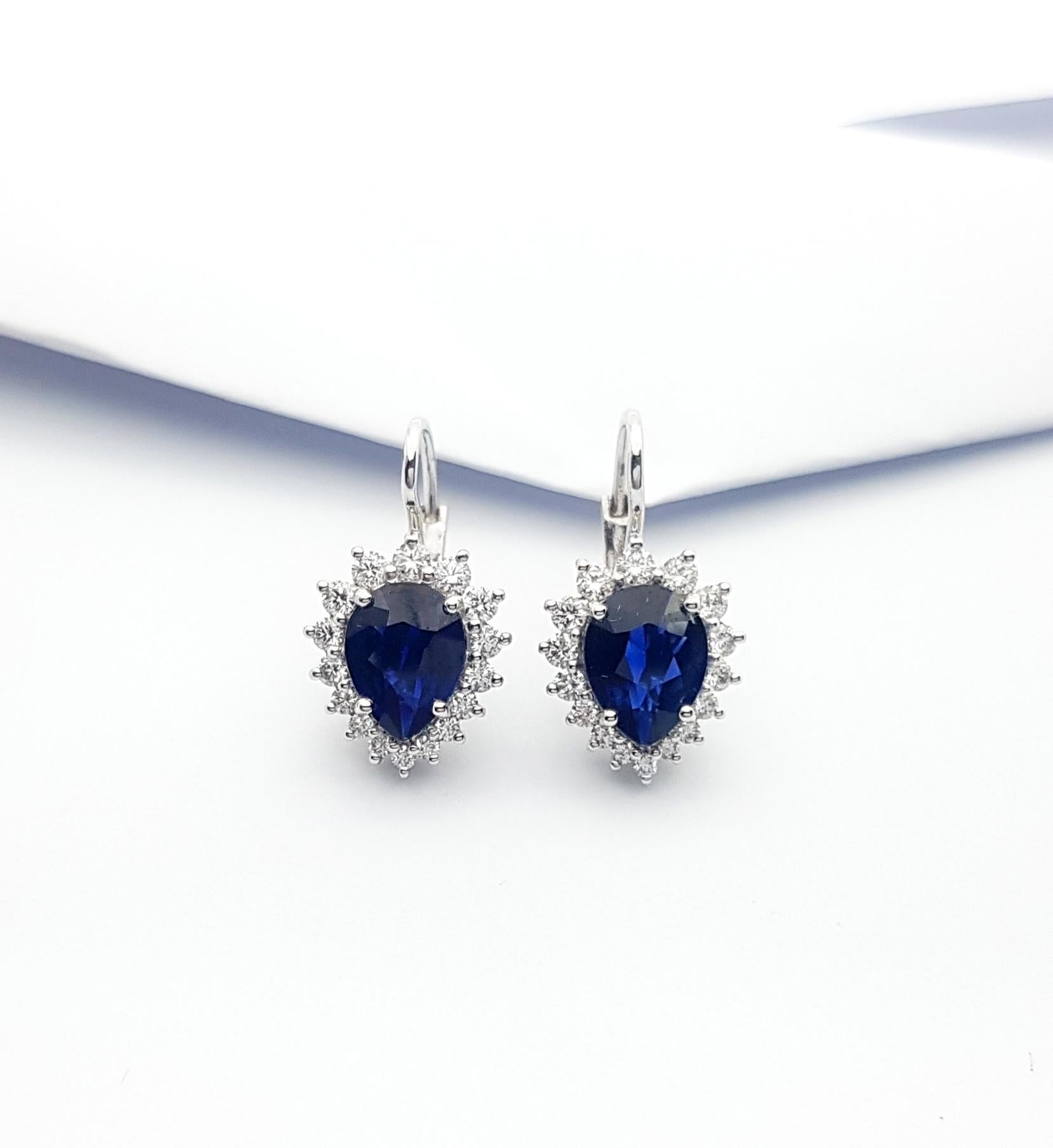 Pear Shape Blue Sapphire with Diamond Earrings Set in 18k White Gold Settings For Sale 2