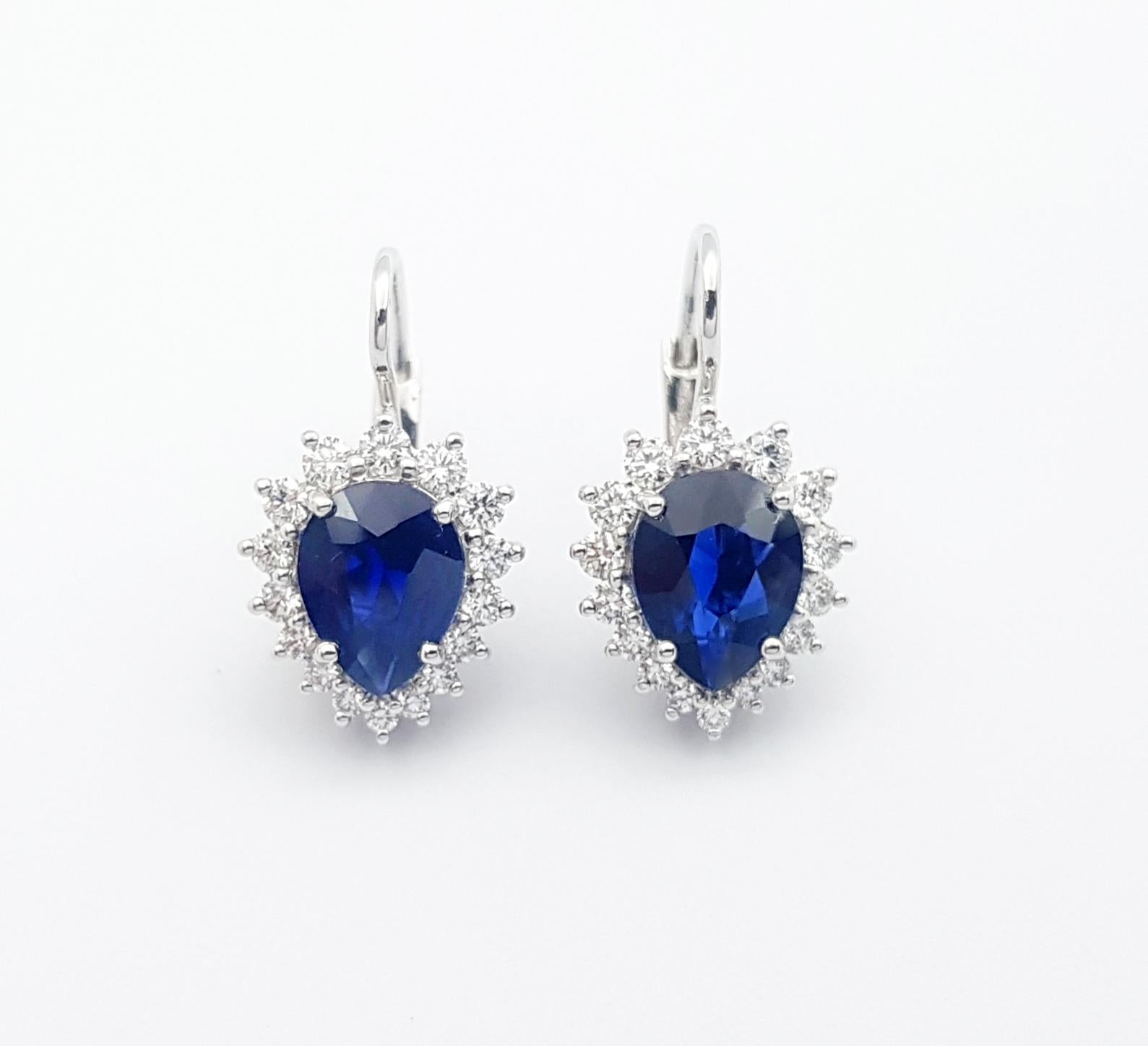 Pear Shape Blue Sapphire with Diamond Earrings Set in 18k White Gold Settings For Sale 3