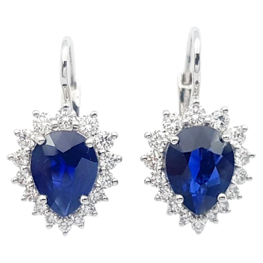 Pear Shape Blue Sapphire with Diamond Earrings Set in 18k White Gold Settings For Sale