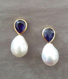 Pear Shape Blue Sapphires 14k Yellow Gold Bezel Baroque Pearls Stud Earrings