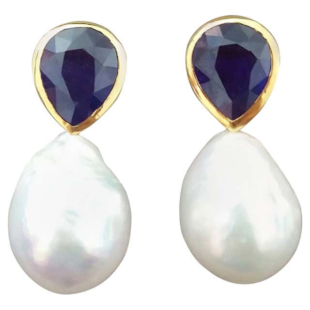 Grey Baroque Pearls Oval Blue Sapphire Cabs 14K Yellow Gold Bezel Stud ...
