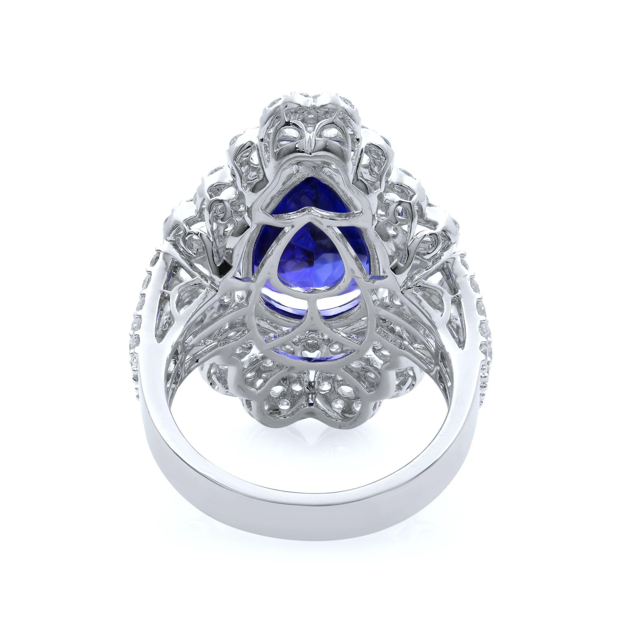 Modern Pear Shape Blue Tanzanite 8.20 Cttw Diamond 2.10 Cttw Ring 18K White Gold For Sale