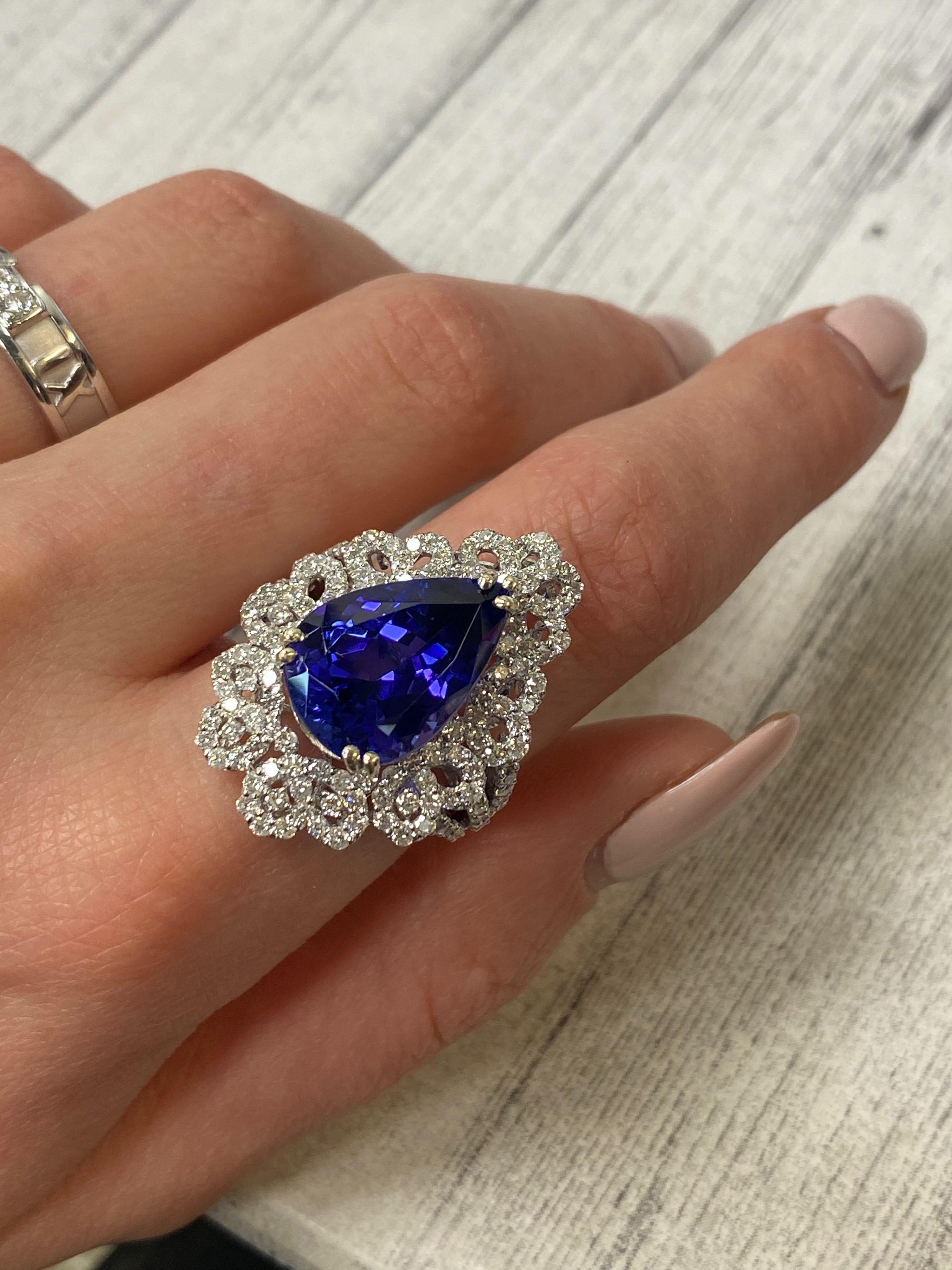 Pear Shape Blue Tanzanite 8.20 Cttw Diamond 2.10 Cttw Ring 18K White Gold In New Condition For Sale In New York, NY