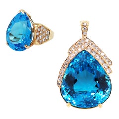 Pear Shape Blue Topaz and Diamond 14 Carat Yellow Gold Ring and Pendant Set