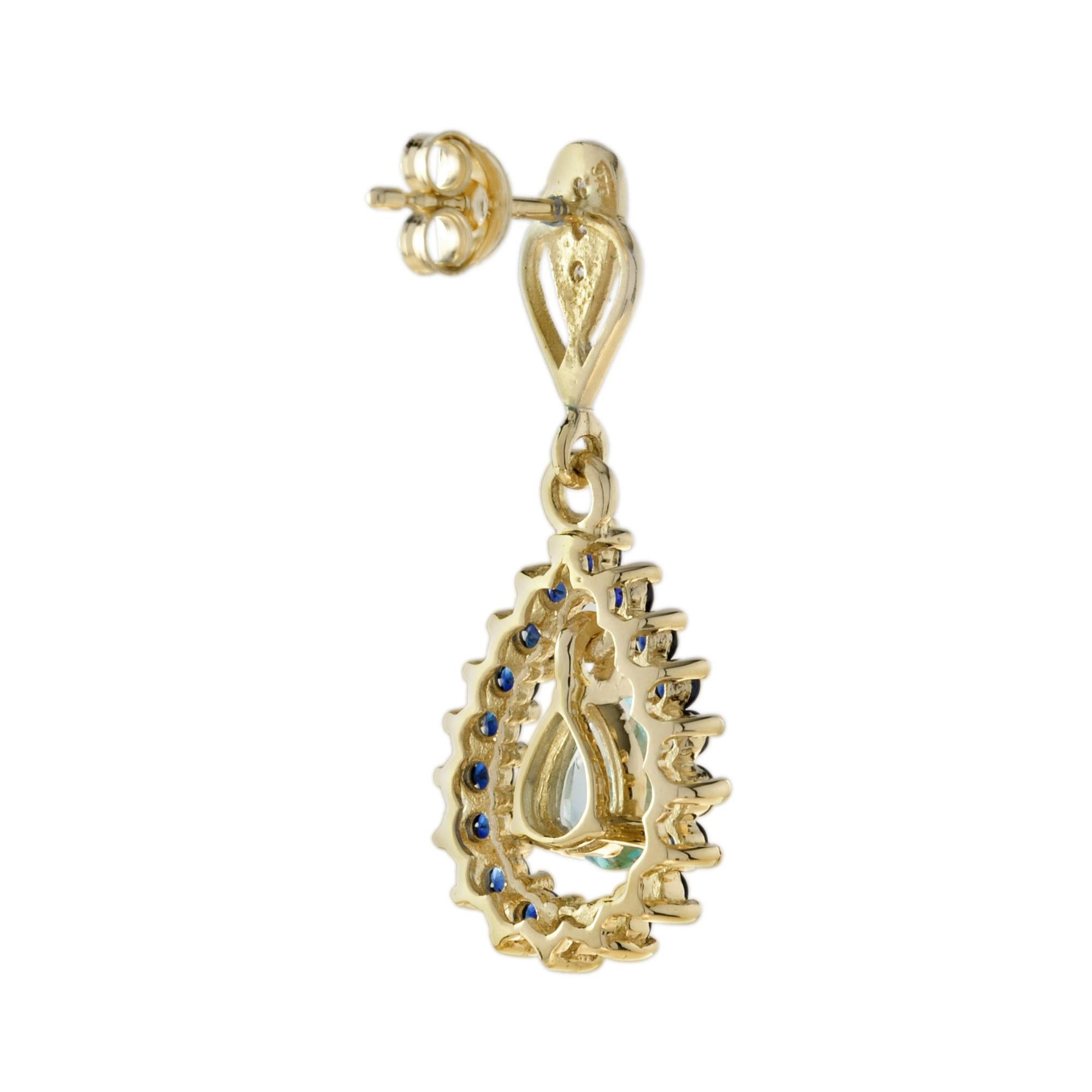 Pear Shape Blue Topaz & Blue Sapphire Diamond Frame Drop 14K Gold Earrings Art Decó en venta