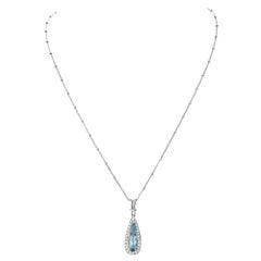 Vintage Pear Shape Blue Topaz 
Diamonds Pendant with 14k White Gold Chain