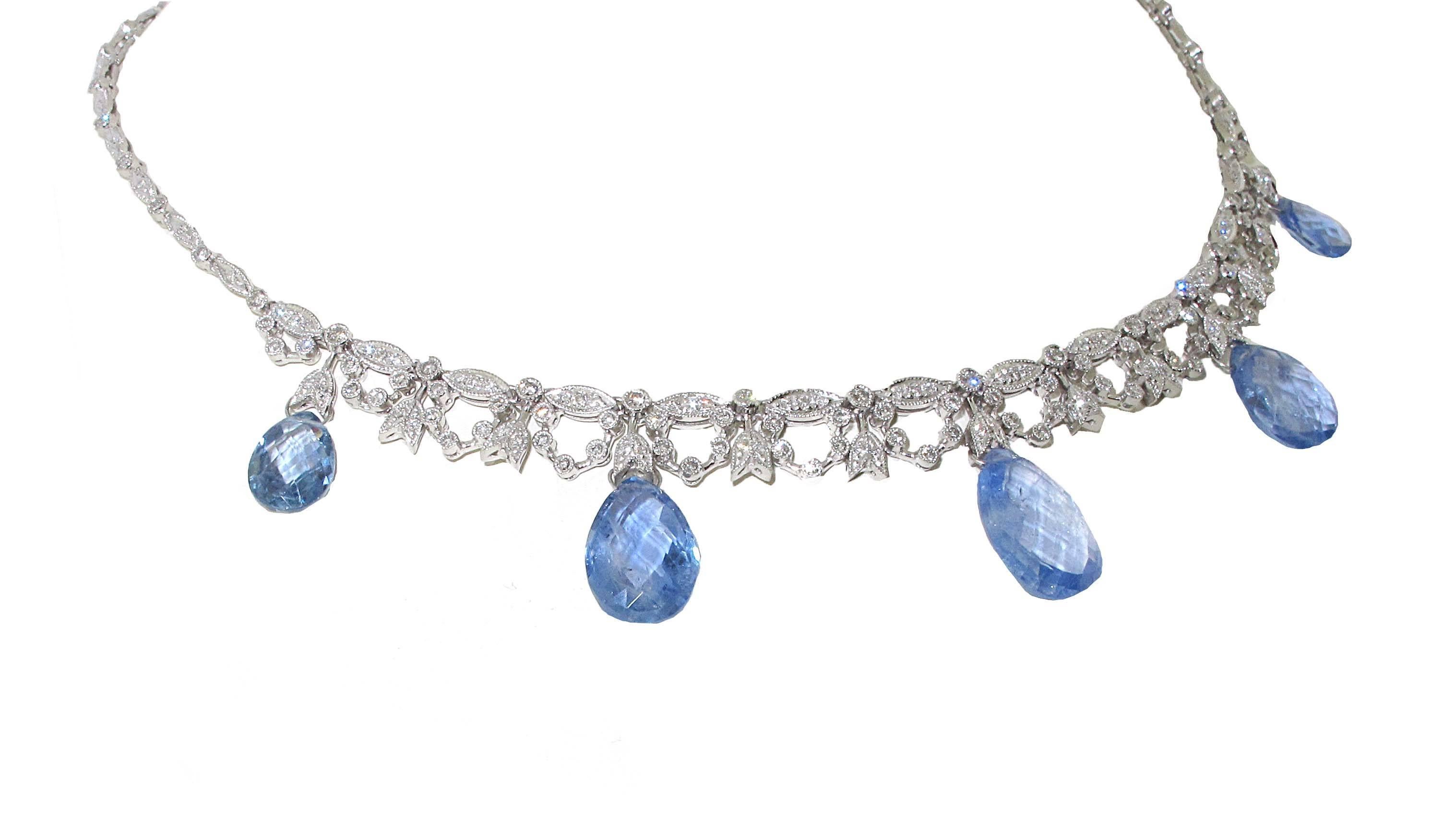 Pear Cut Pear Shape Briolette Sapphire and Diamond Necklace