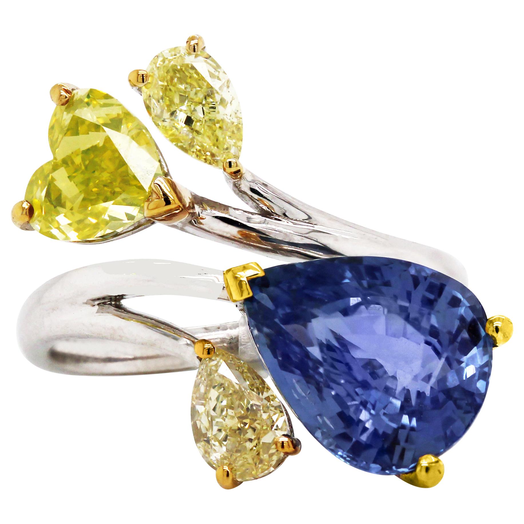 Pear Shape Burma Blue Sapphire and Yellow Diamond White Gold Cocktail Ring
