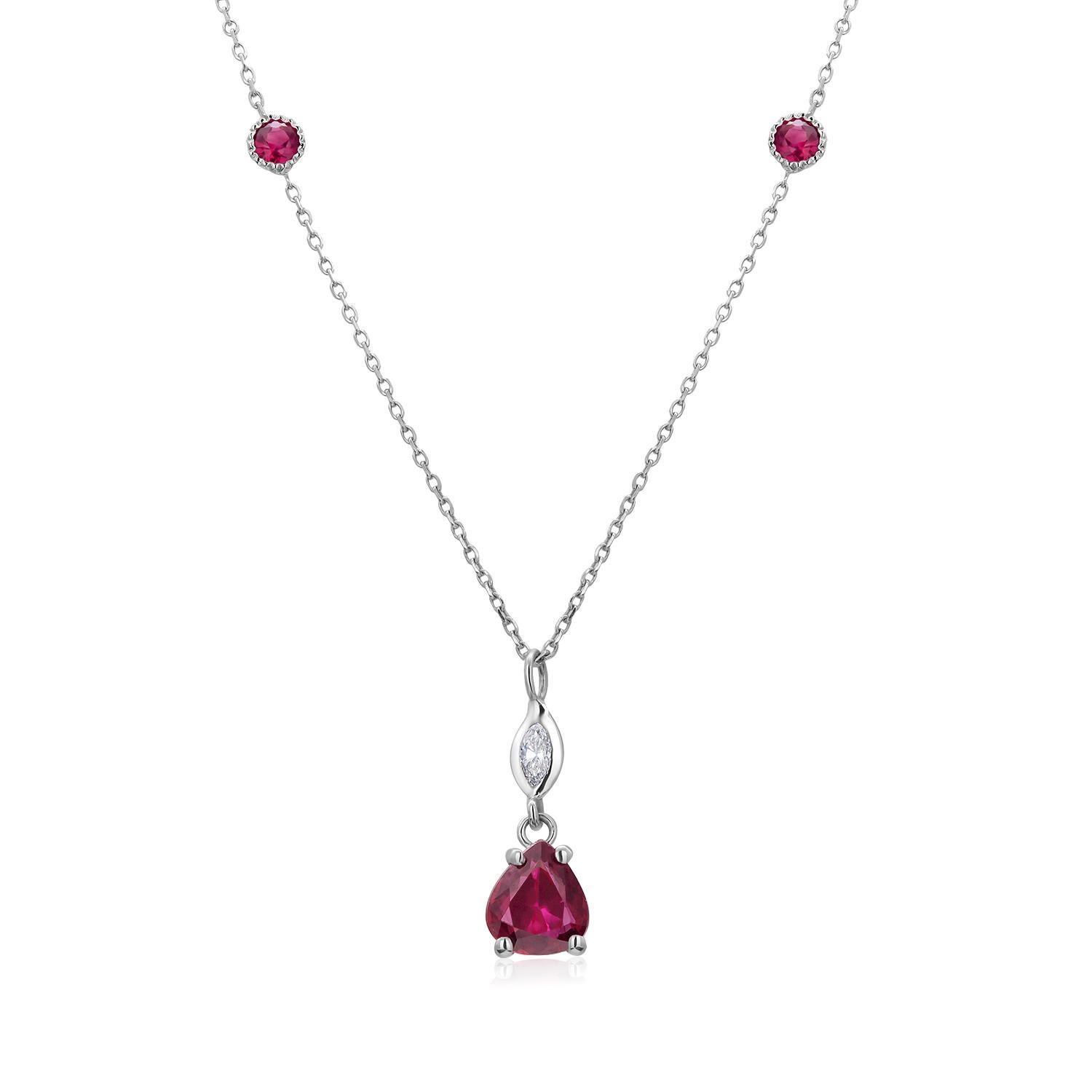 Marquise Cut Pear Shape Burma Ruby and Marquise Diamond Gold Drop Necklace Pendant