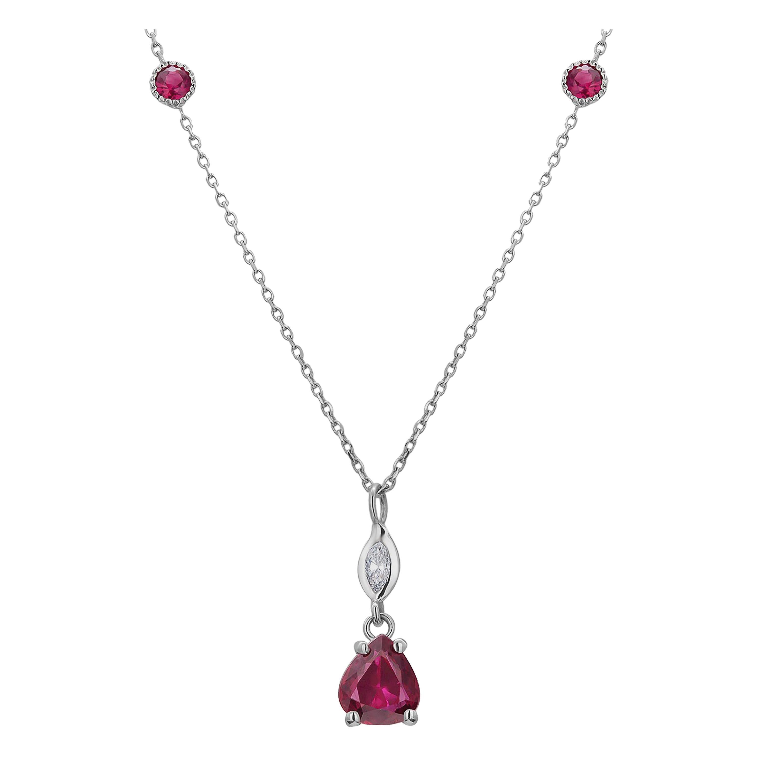 Pear Shape Burma Ruby and Marquise Diamond Gold Drop Necklace Pendant