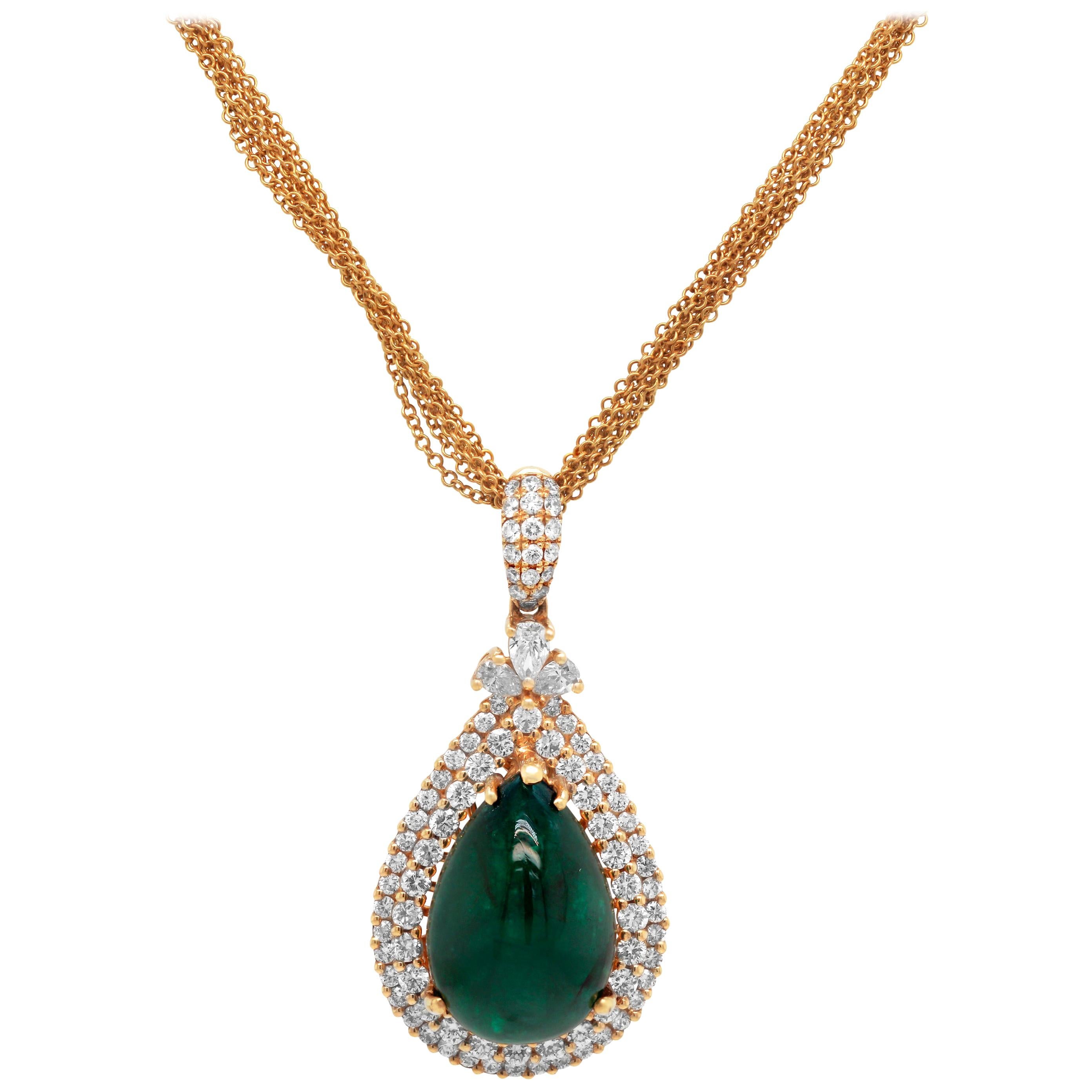 Pear Shape Cabochon Colombian Emerald 18 Karat Gold Diamond Pendant Necklace