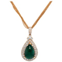 Collier pendentif en or 18 carats avec diamants et émeraude de Colombie cabochon en forme de poire