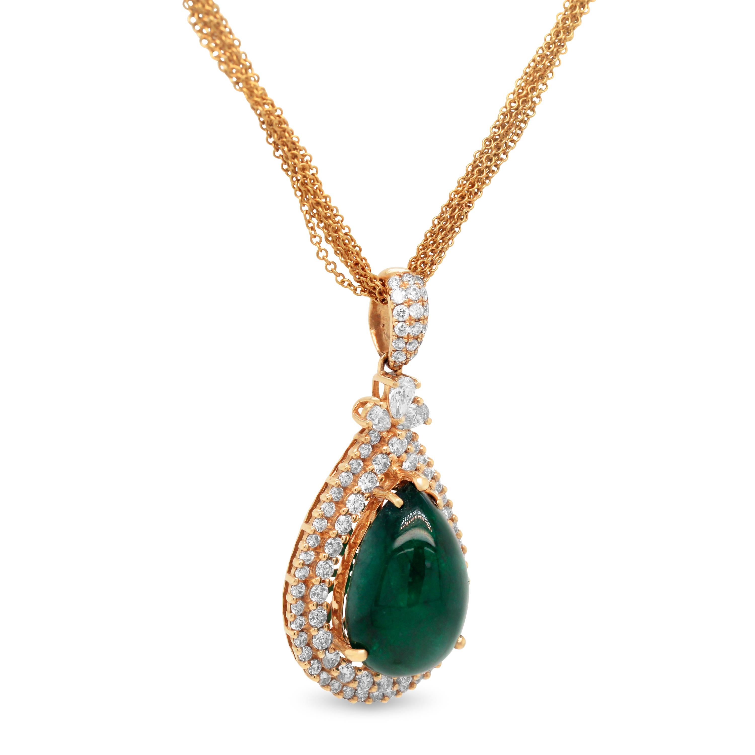 Pear Shape Cabochon Colombian Emerald 18K Yellow Gold Diamond Pendant Necklace

This beautiful pendant features a cabochon-cut, pear shape Colombian Emerald center with two rows of diamonds surrounding.

15.19 carat Emerald

2 carat apprx. G color,