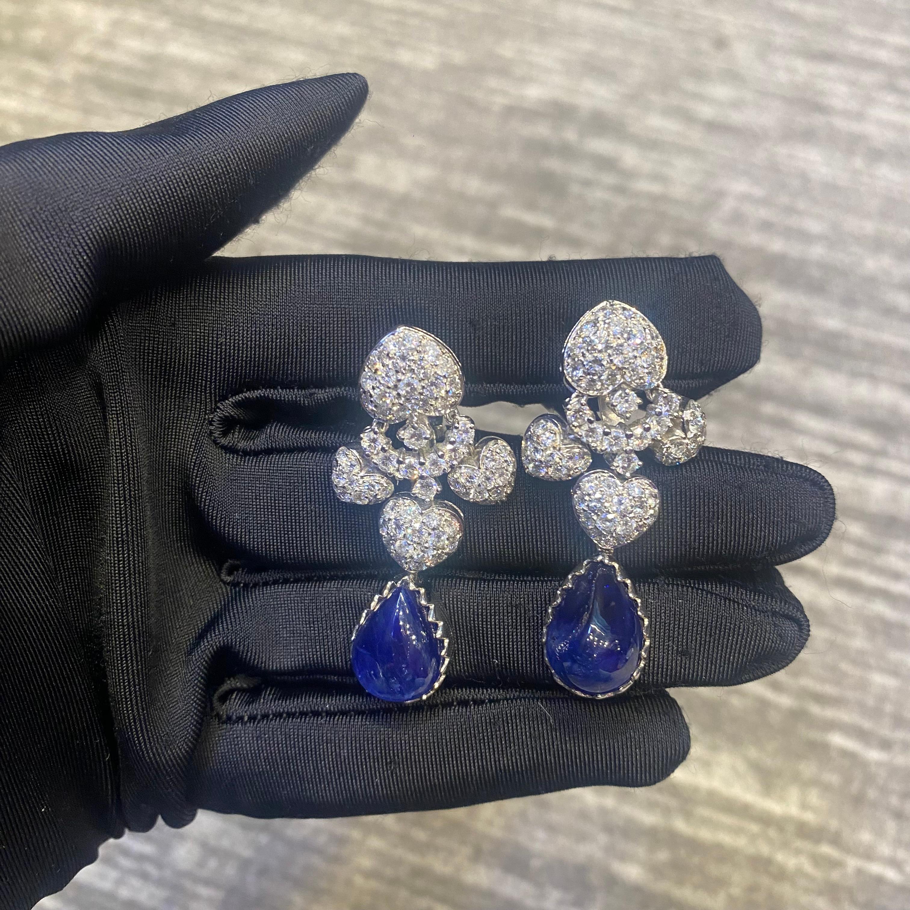 Pear Shape Cabochon Sapphire and Diamond Earrings In Excellent Condition For Sale In New York, NY