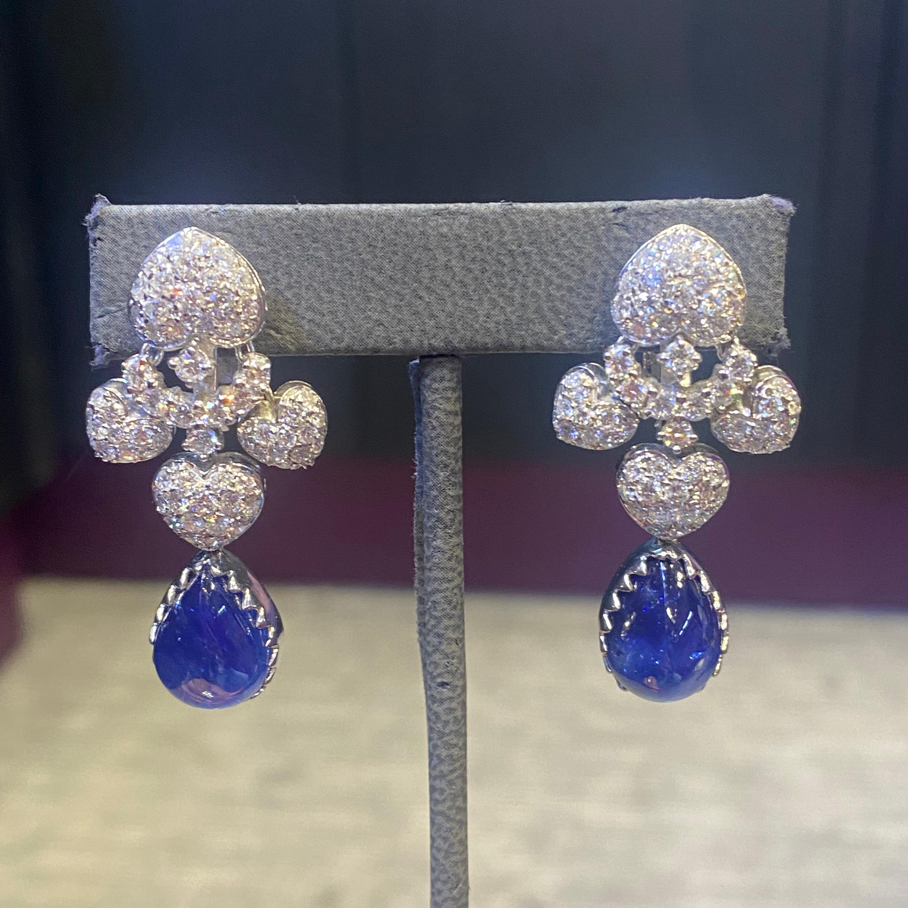 Women's Pear Shape Cabochon Sapphire and Diamond Earrings For Sale