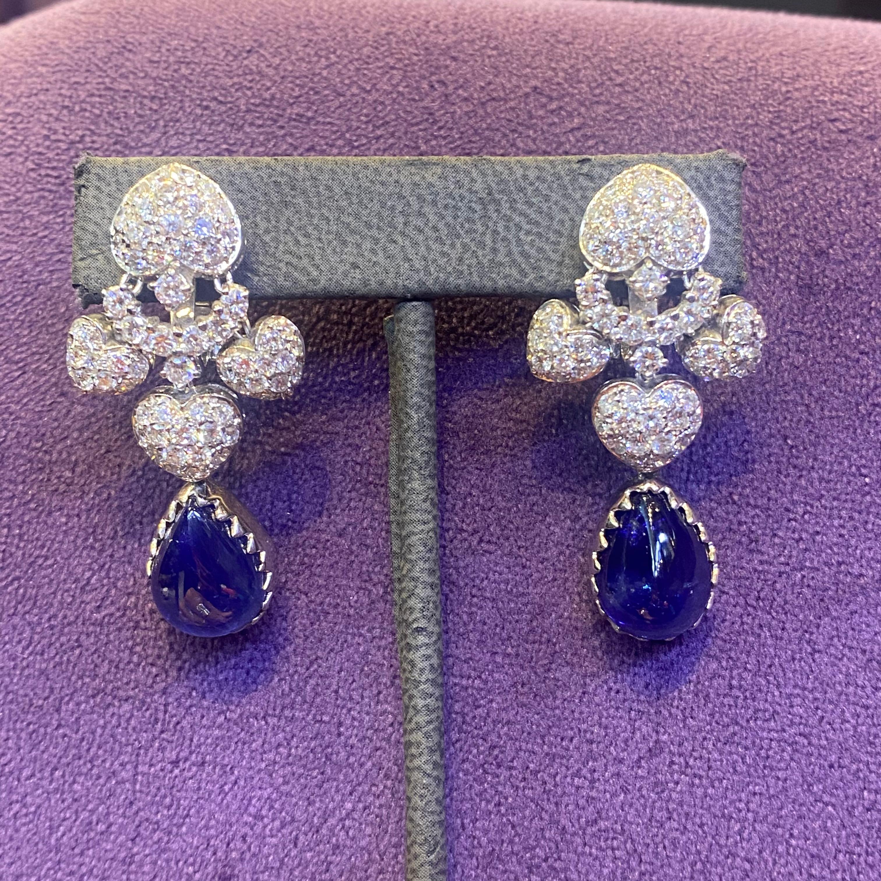 Pear Shape Cabochon Sapphire and Diamond Earrings For Sale 1