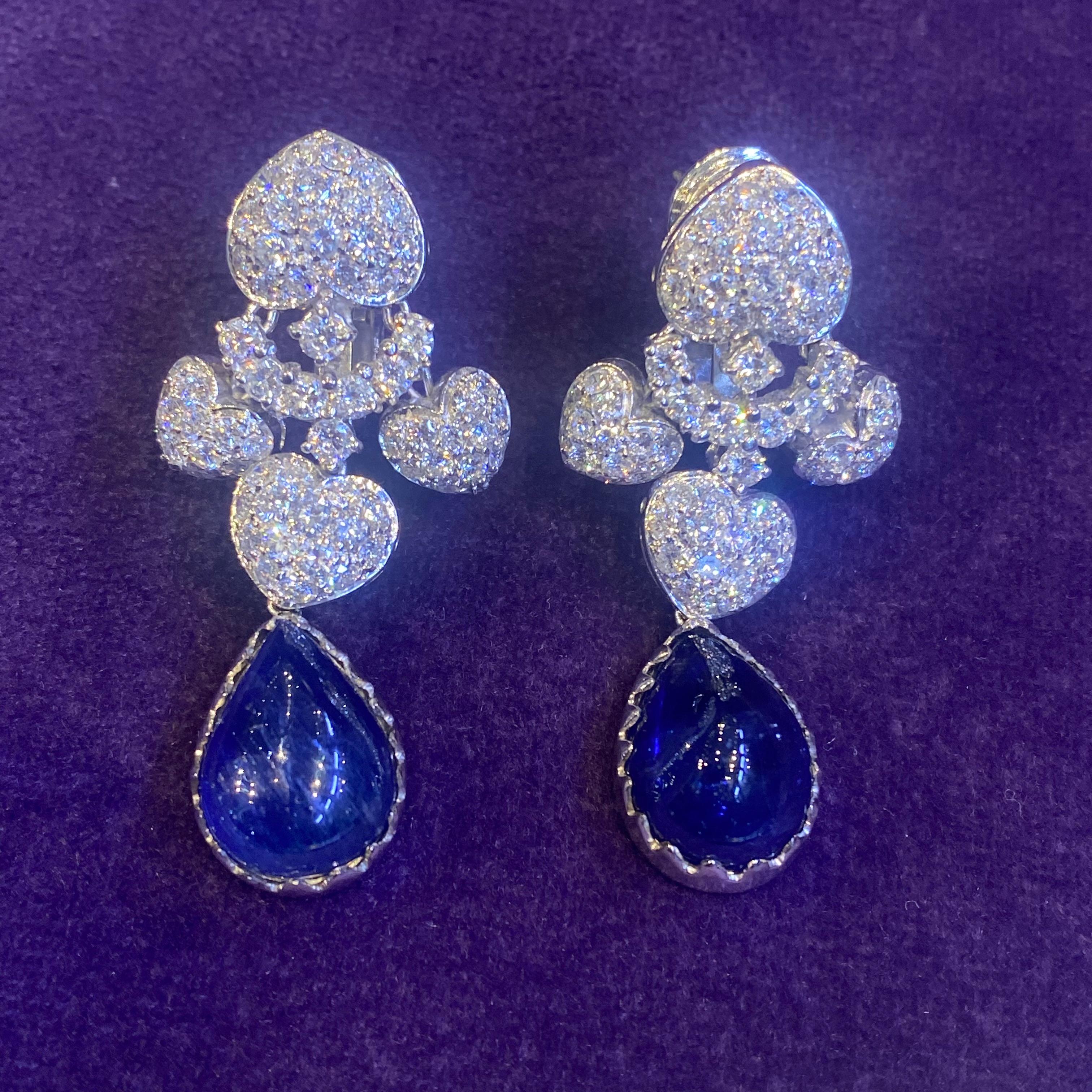 Pear Shape Cabochon Sapphire and Diamond Earrings For Sale 2