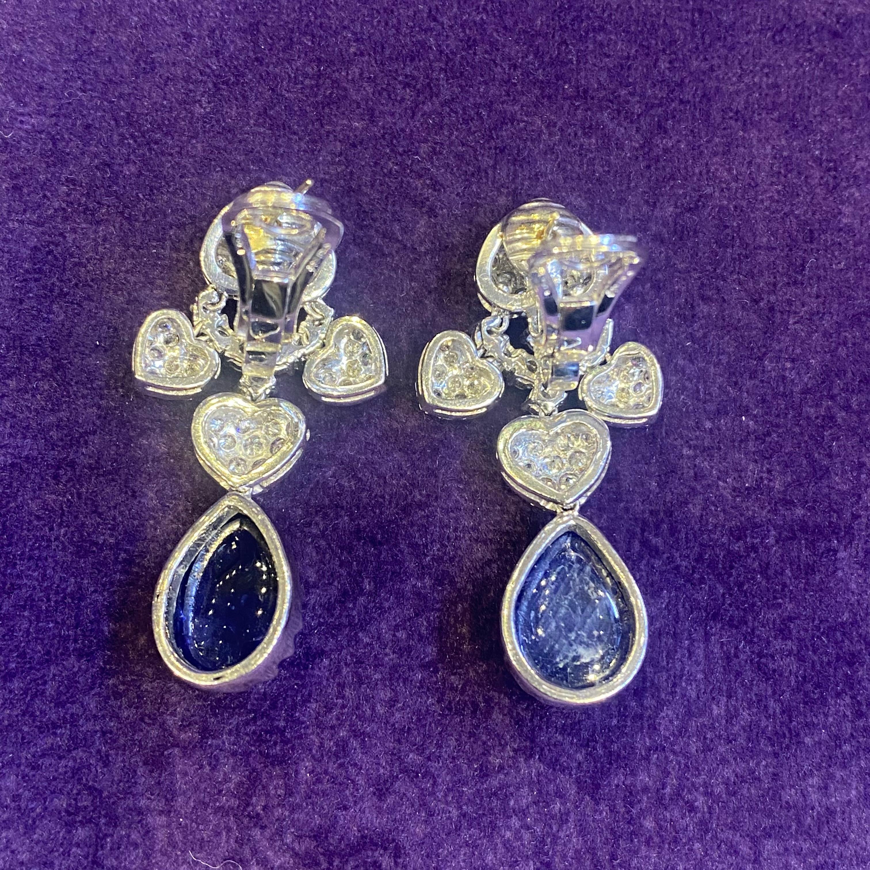 Pear Shape Cabochon Sapphire and Diamond Earrings For Sale 3