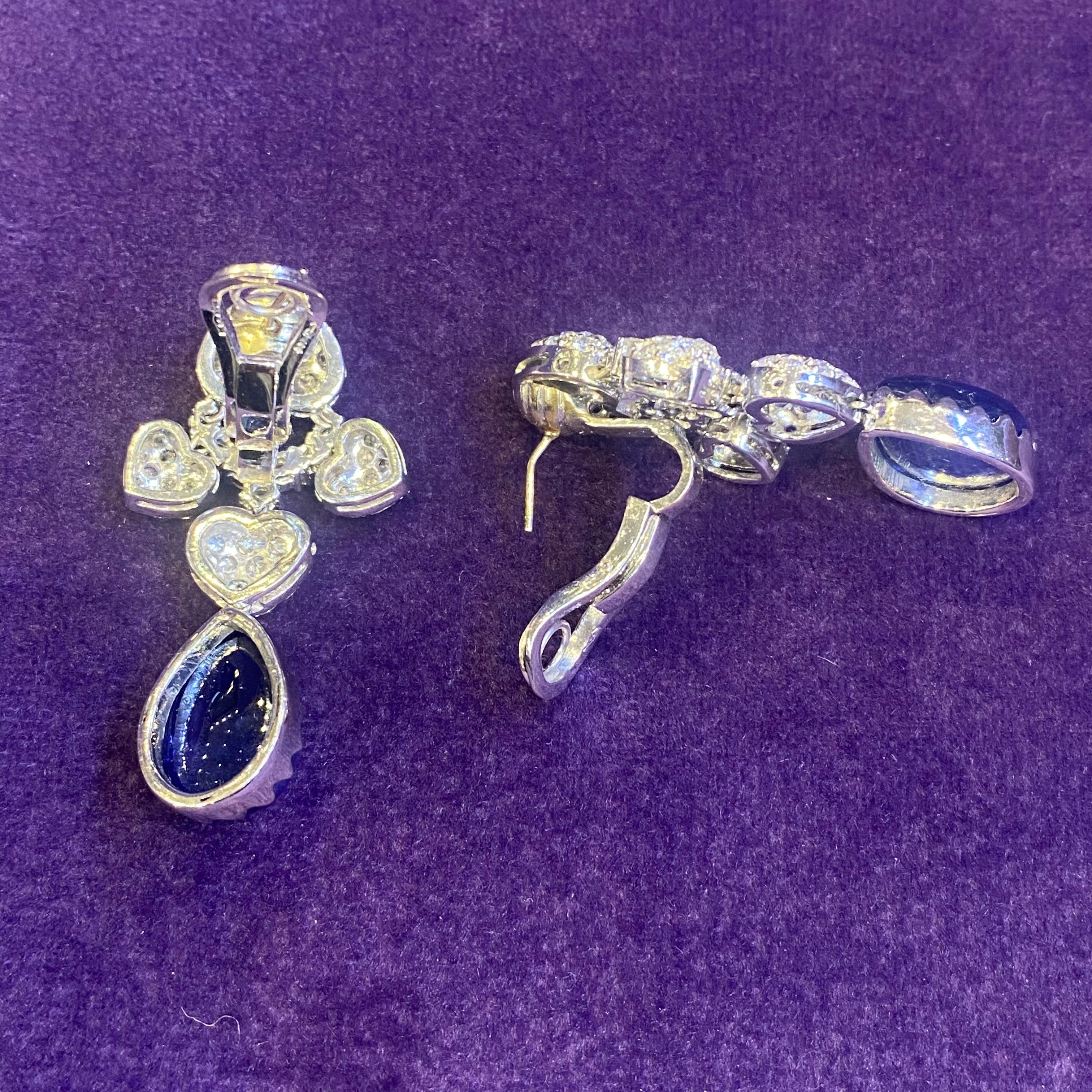 Pear Shape Cabochon Sapphire and Diamond Earrings For Sale 4