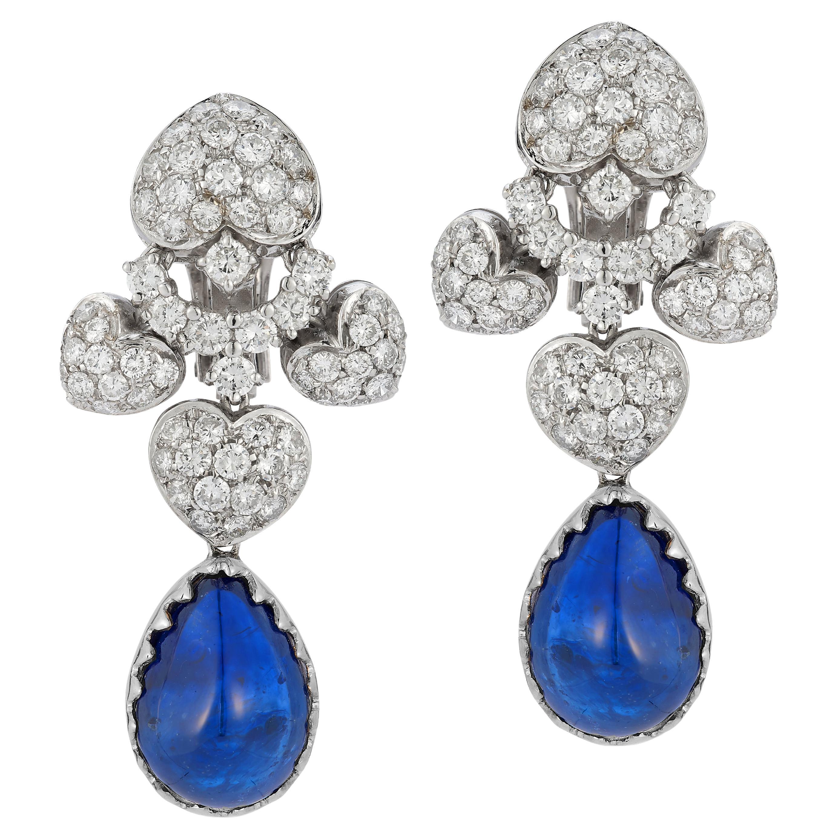 Pear Shape Cabochon Sapphire and Diamond Earrings For Sale