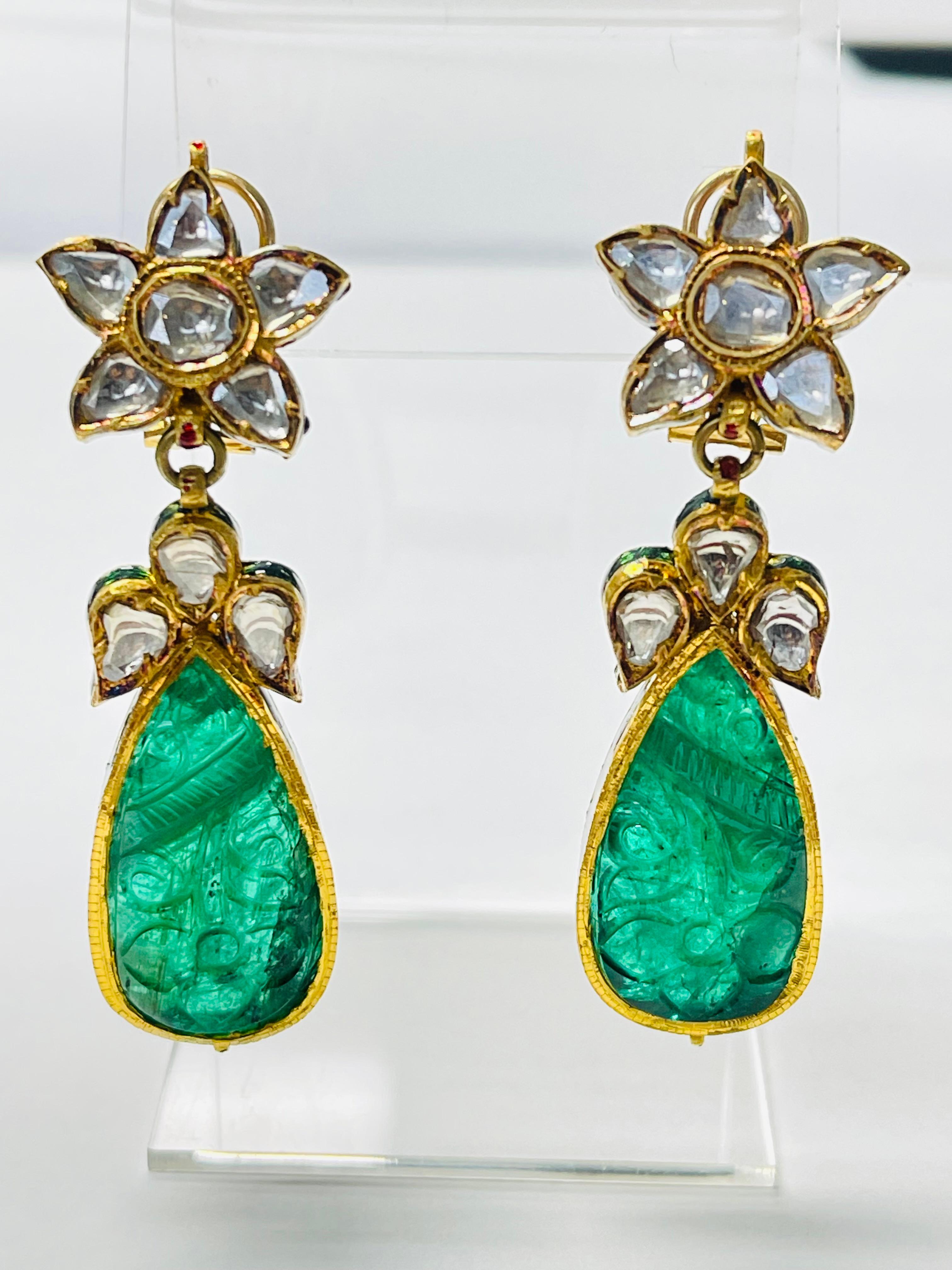 Pear Cut Pear Shape Carved Emerald And Diamond Earrings in Yellow Gold. For Sale