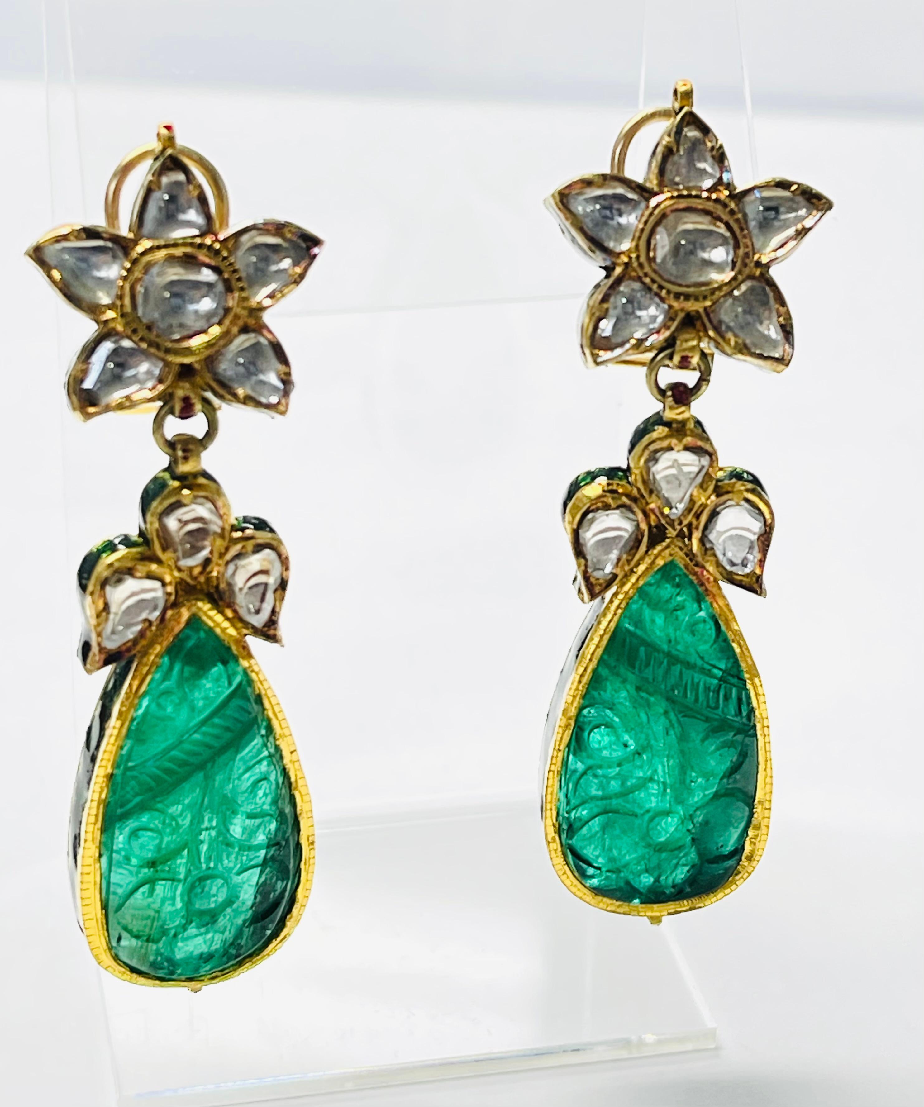 Pear Shape Carved Emerald And Diamond Earrings in Yellow Gold.  For Sale 1