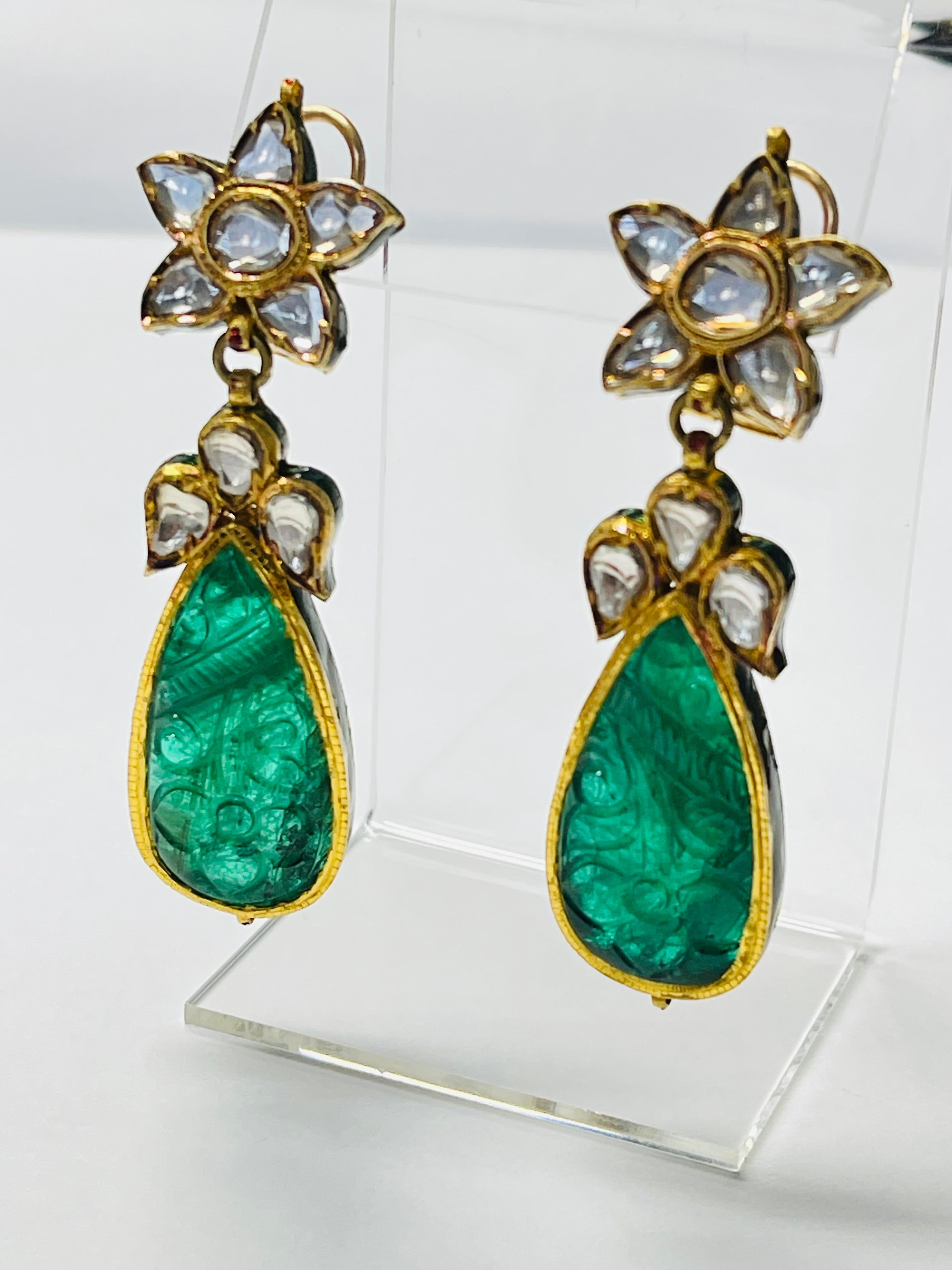 Pear Shape Carved Emerald And Diamond Earrings in Yellow Gold. For Sale 2