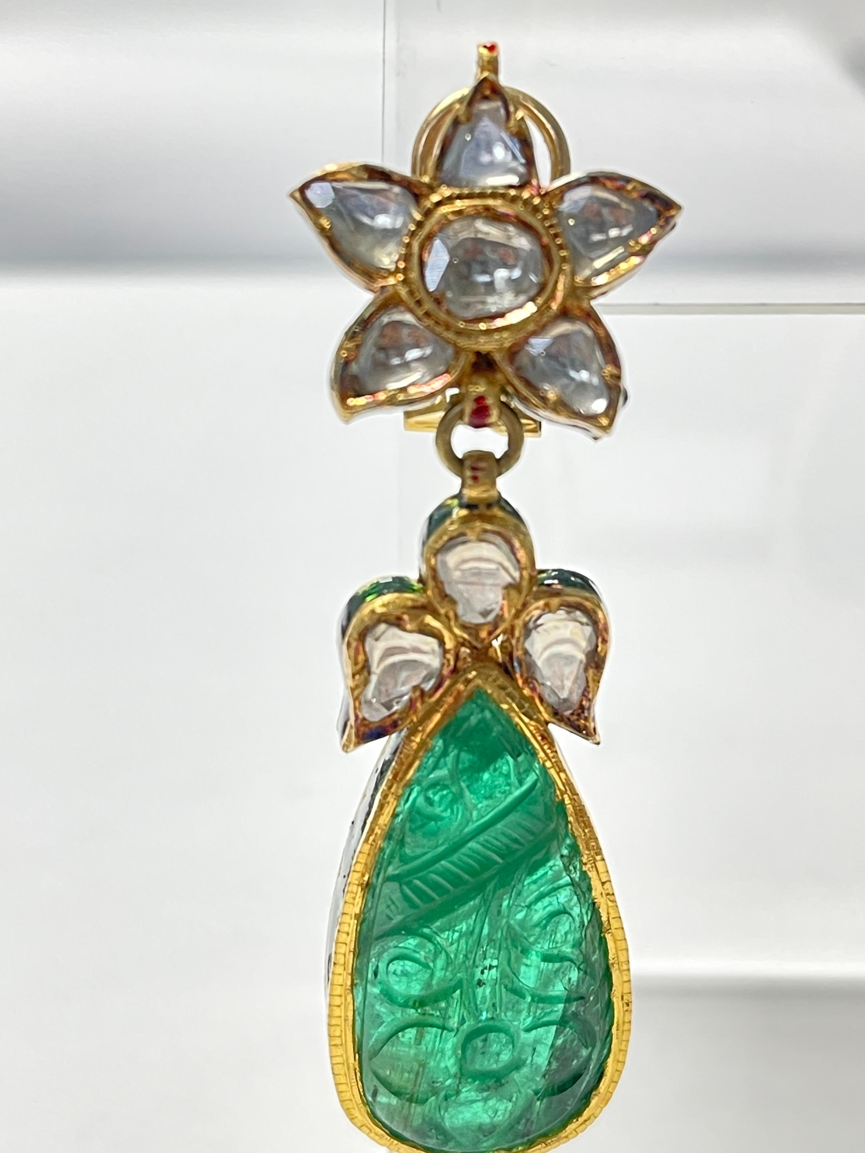 Pear Shape Carved Emerald And Diamond Earrings in Yellow Gold. For Sale 3