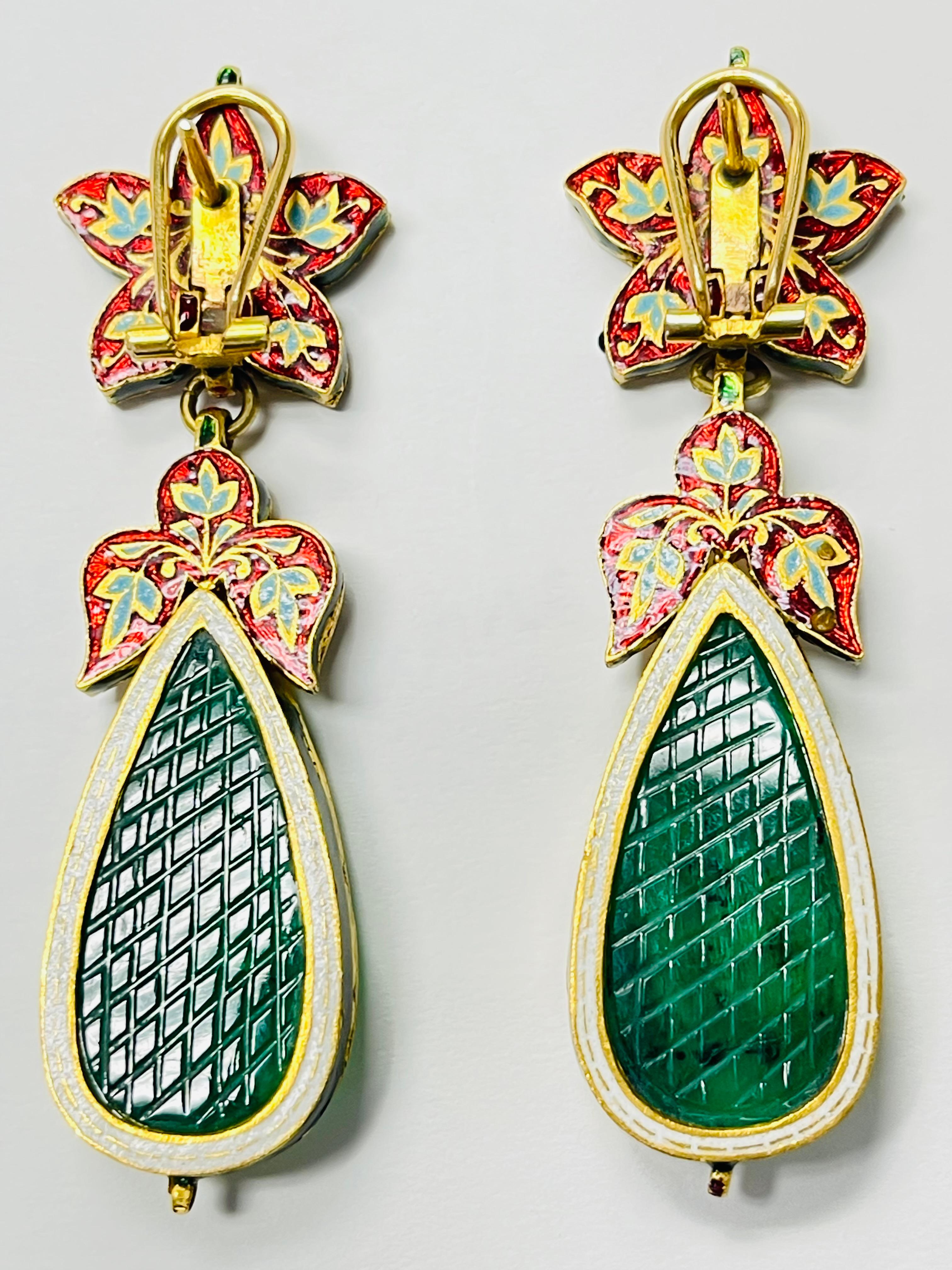 Pear Shape Carved Emerald And Diamond Earrings in Yellow Gold. For Sale 4