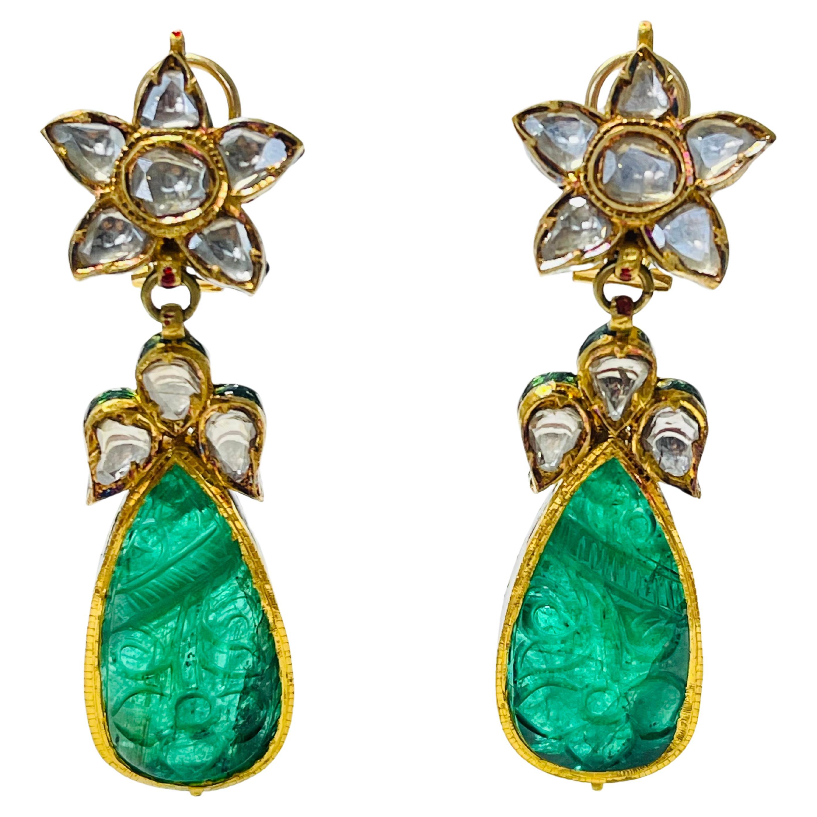Pear Shape Carved Emerald And Diamond Earrings in Yellow Gold.  For Sale