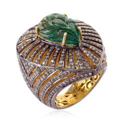 Pear Shaped Carved Emerald Ring Accented with Diamonds Made In Silver