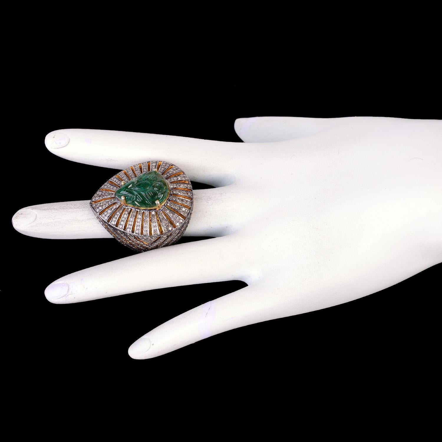 Pear Cut Pear Shape Carved Emerald Ring with Diamonds in Silver For Sale
